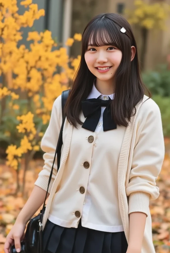  One Girl ,  skirt ,  sailor collar,  holding,  school uniform, pleated  skirt ,  on my bed, smile,  off the shoulder, Alone, camera,  brown eyes, Sera Clothing,  long hair,  holding camera, black  sailor collar, autumn leaves, Blur, bangs, bag,  shirt, black  skirt , :d, white head decoration ,  Open clothes, leaf,  open your mouth,   long sleeve  ,  Watch Viewers ,  cardigan, white  shirt, ,  brown hair, ginkgo leaf,  depth of field, Animal on the shoulder , open  cardigan, Blur foreground, Blur background,  twin tails, puffy   long sleeve  , beret, hair ribbon, autumn, ribbon,  puffy sleeve,  hair between eyes , clavicle, Outdoors, maple leaf,  neckerchief , white  cardigan, black bow, bow,  is standing, shoulder bag