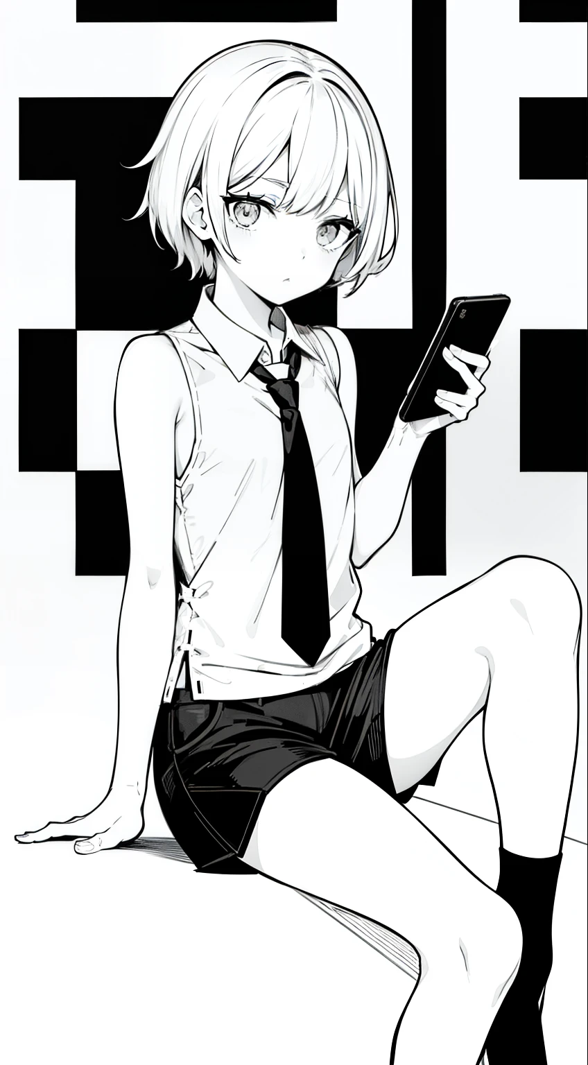 Short white hair 　　 black and white　 grayscale　  flat chest　 background 　白いbackground　  sleeveless shirt　Ribbon tie　  shorts  　 girl 　Holding a smartphone with one hand 　socks