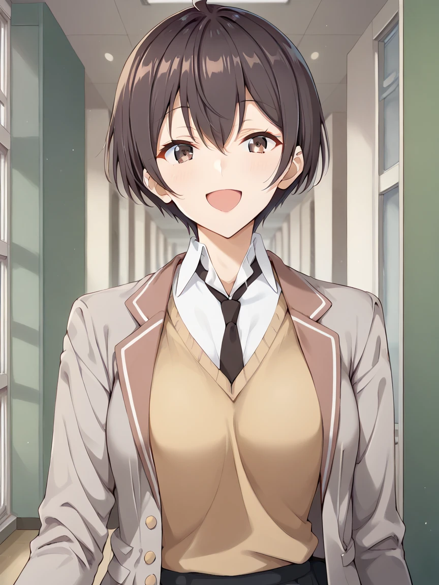 score_9, score_8_up, score_7_up, girl, solo, looking at viewer, masachika kuze, short hair, brown hair, hair between eyes, brown eyes, large breasts, school uniform, grey jacket, long sleeves, open jacket, buttons, white shirt, collared shirt, black necktie, yellow sweater vest, black skirt, standing, smile, open mouth