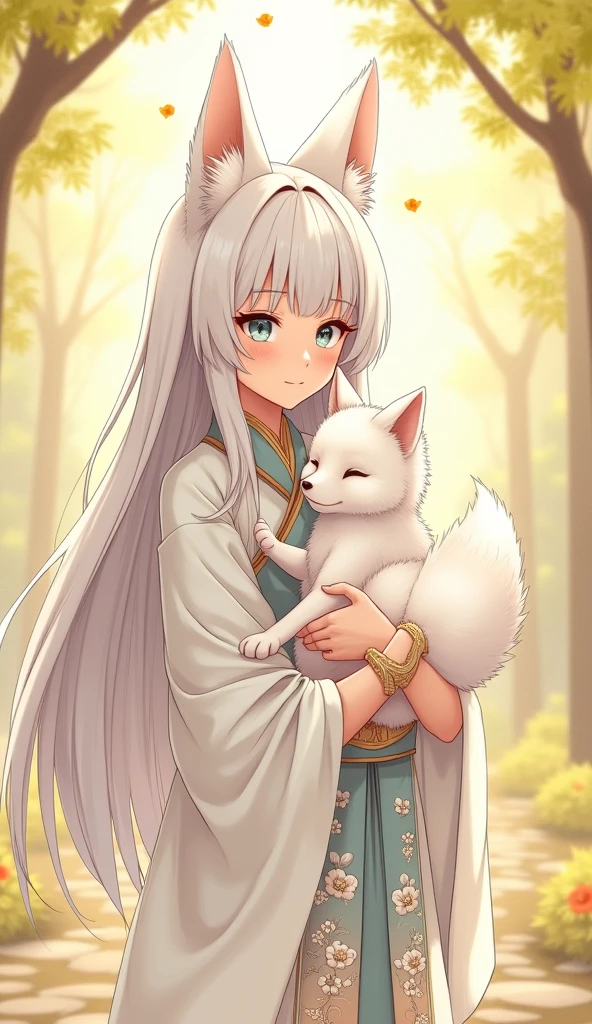 An anime-style illustration of a beautiful young girl with fluffy, long white hair and straight bangs, adorned with fox ears on her head. She wears a traditional white Chinese Hanfu robe embroidered with intricate floral patterns, complemented by elegant earrings and bracelets. The girl has calm gray-blue eyes and stands peacefully, holding a small white fox in her arms, radiating a serene and tranquil aura. The background is a dreamy, ethereal Chinese garden, bathed in warm yellow and golden tones, enhancing the artwork's otherworldly atmosphere. The serene ambiance adds depth to the mystical charm of the illustration.