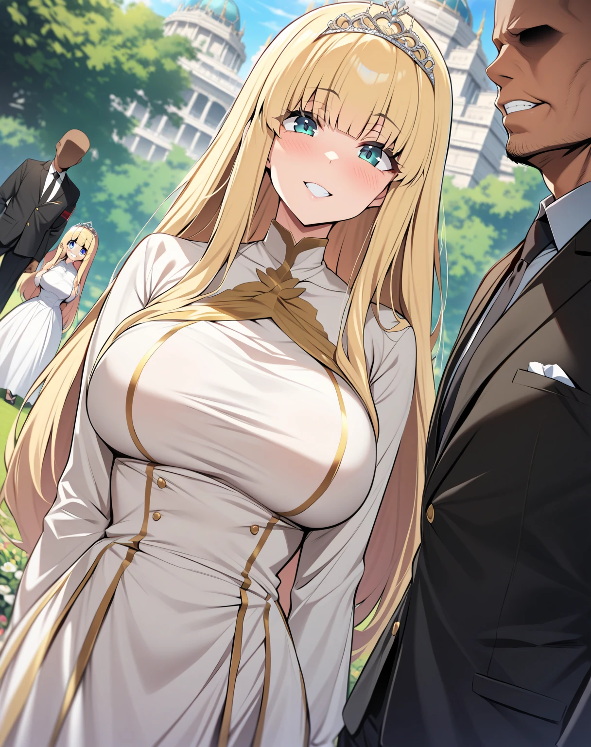 {{ upper body,  Dutch angle }} {{ artist: moisture_(Chichi)}}  female 1,  there are 2 security guards on each side holding her, 2 men in armor ,  Faceless Woman ,  mature woman,  elegant ,  princess,  big boobs,  straight hair, Blonde,  long hair, hime cut,  green eyes, white dress,  gold trim ,  tiara ,  Watching Viewers ,  grin ,  detained by 2 men ,  Faceless Man , Outdoors, garden, palace,