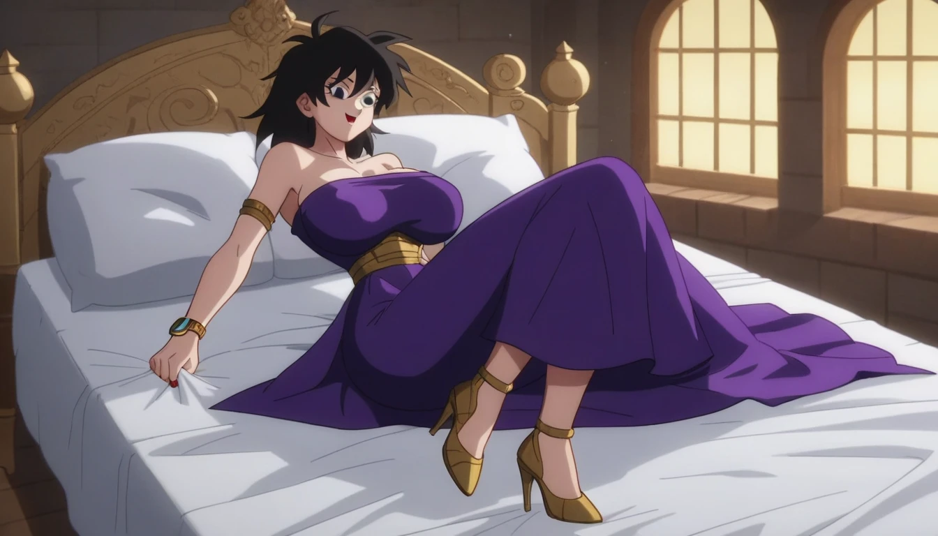  source_Anime, score_9, score_8_ up, score_7_ up, Anime screencap,  ridiculous results,  official style , Genie ,  One Girl , Alone,  black hair,  dark eyes,   closed mouse, body、 firm huge breasts 、 huge breasts 、Bare shoulders,  medium bust, a  fascinating smile, Shut up,  short purple leather bodycon dress,  strapless ,  sexy,  sexual arousal,  clevis on a stone, Red nails,  Watch Viewers s,  cowboy shot,  exhausted,  Watch Viewers ,  fascinating,  detailed background,   knight , moonlight, internal, bedroom,  big bed,  red bed sheets , velvet,  volumetric lighting,  bright color, By her side,   full body shot ,  brown pantyhose ,   black high heels   
