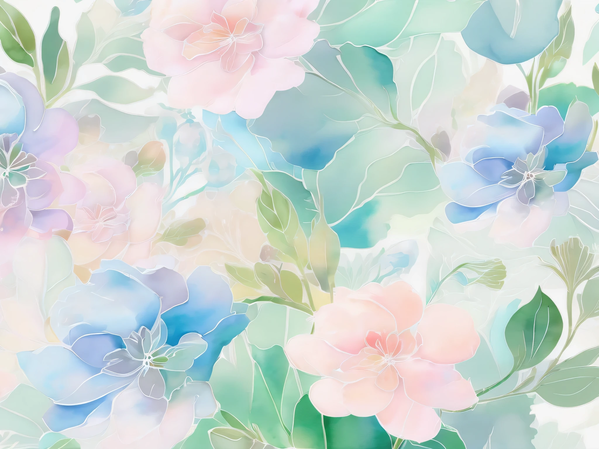 Light watercolor floral pattern 。 with gentle pastel colors at the center 、 light tones spread 。The background has a soft gradation 、green、Light blue harmonizes 。It comes in a variety of sizes、 bleeding outlines 。 with a soft and delicate atmosphere throughout 、 gentle and dreamy art style。