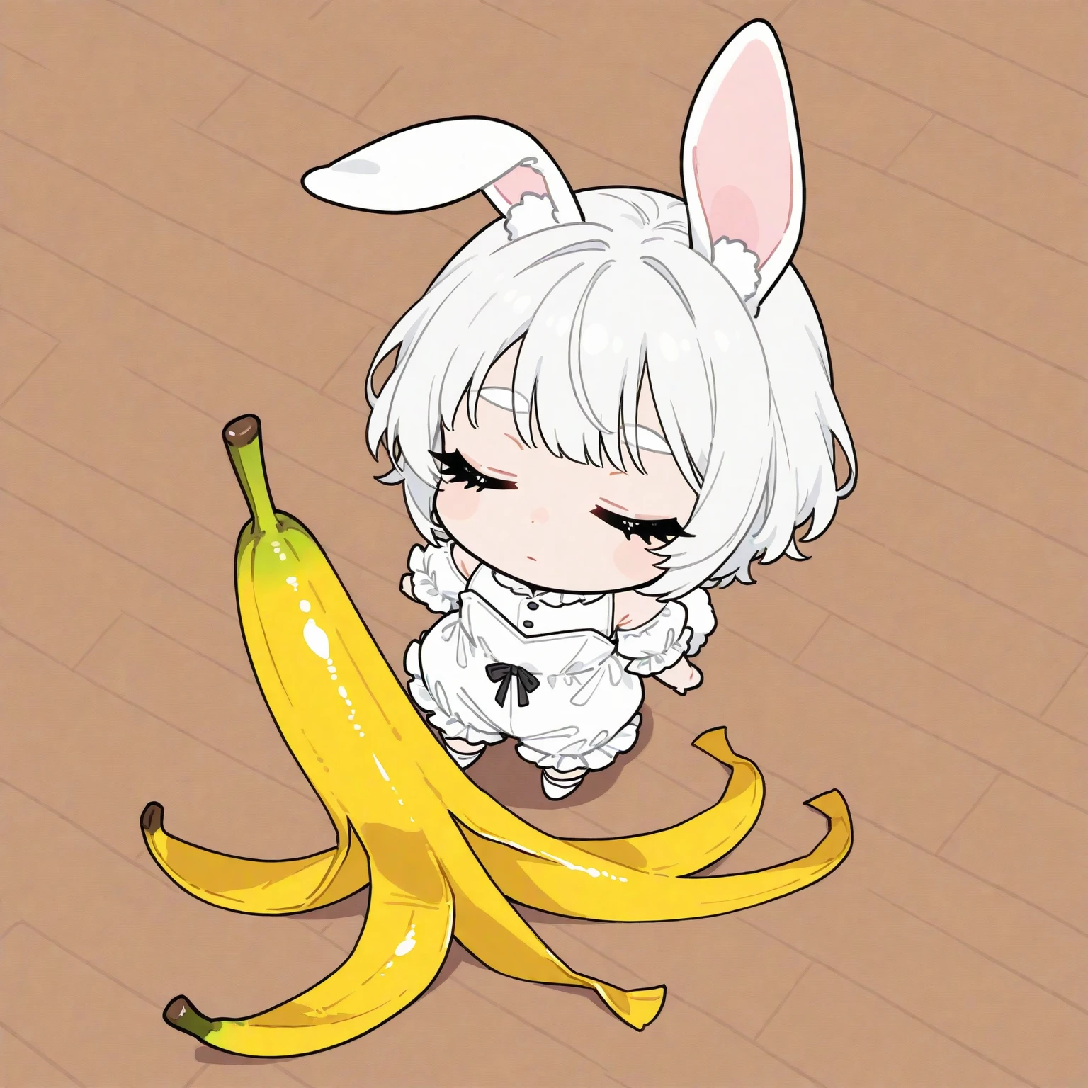 solo,1girl\((chibi:1.3),cute,kawaii,shiny short white hair, bunny ears, (closed eyes), (black long eyelash:1.2), expressionless face,beautiful skin,(slip by banana peel:1.2),white frilled romper,white rabbit-tail,full body\), many colorful\(rainbow\) banana on the floor, masterpiece, best quality, very aesthetic, highres, absurdres, (flat color),minimalist,longshot,(from above), (suspense) mood