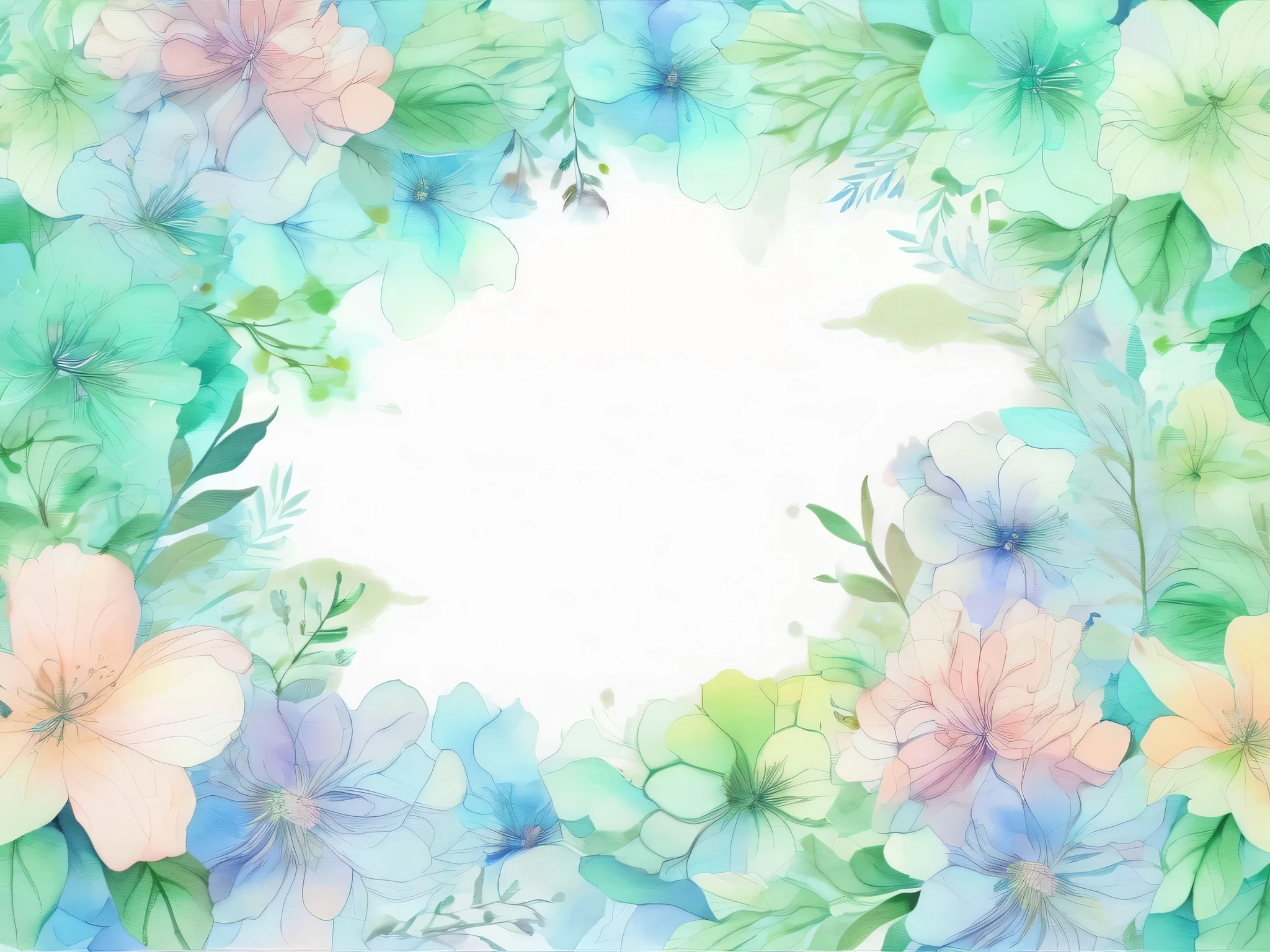 Light watercolor floral pattern 。 with gentle pastel colors at the center 、 transparent light tones spread 。The background has a soft gradation 、green、Light blue harmonizes 。The flowers are small and many、 bleeding outlines 。 with a soft and delicate atmosphere throughout 、 gentle and dreamy art style。