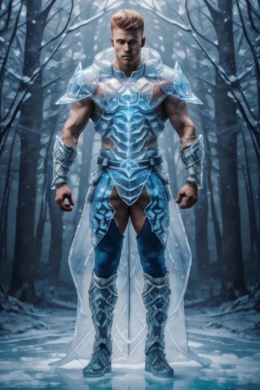 standing on snow covered hill overlooking a misty pine forest, snowy mountains in the background, handsome muscular Nordic hunk (age 27), pale skin, silvery blonde hair, powerful pecs, bulging biceps, muscled abs, sinewy thighs, ic34rmor, wearing ice barbarian armor, intricate detail, (see-through), harness, armbands, holding ice sword, (((full body portrait))), ((full body)), ((facing viewer)), ((looking at viewer)), highly detailed, (high face detail) <lora:Clothing - Ice Armor:0.7>