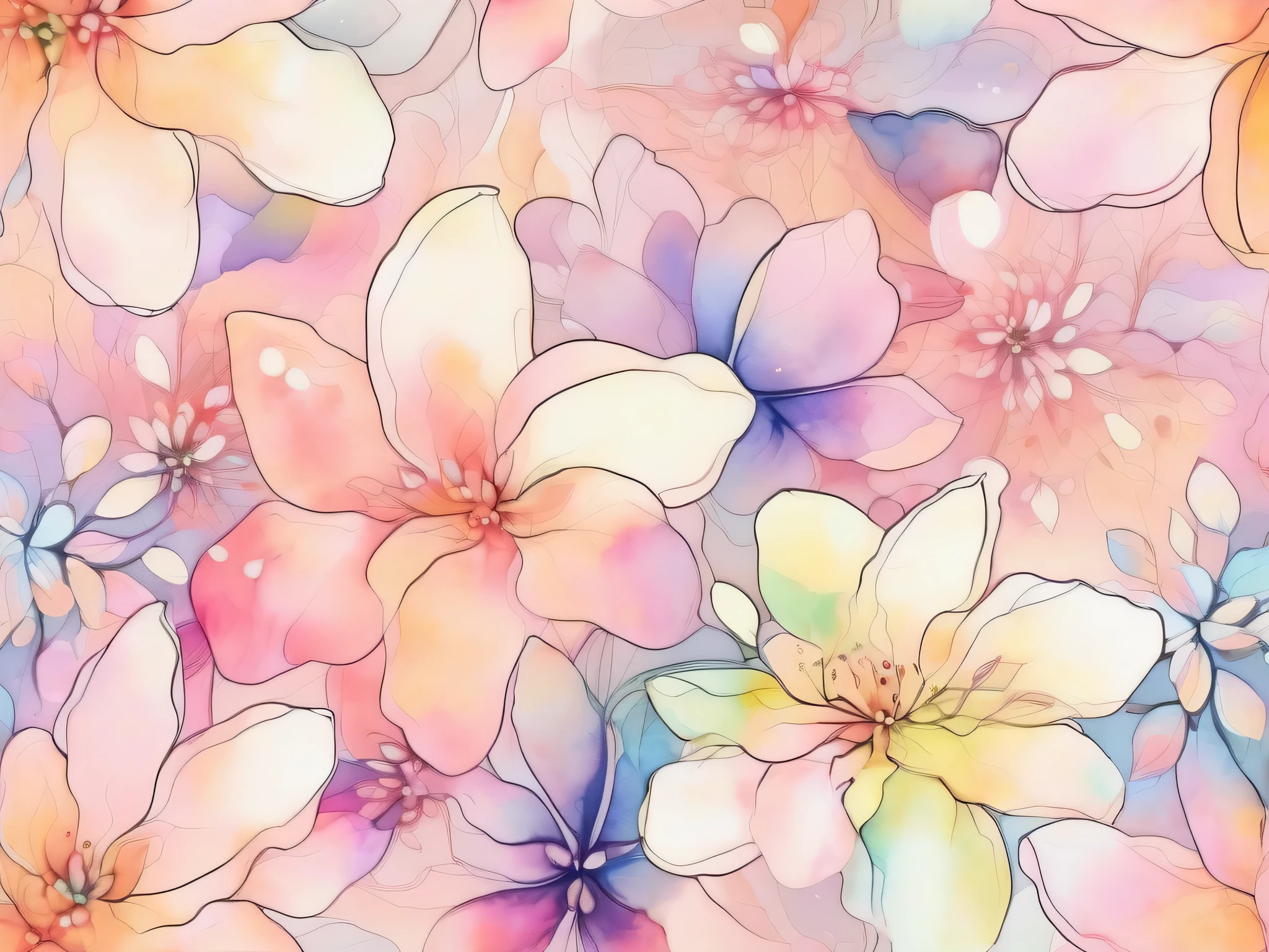 Light watercolor flower pattern 。 with gentle pastel colors at the center 、 transparent light tones spread 。 background has a soft gradient。a lot of small flowers、 bleeding outlines 。 with a soft and delicate atmosphere throughout 、 gentle and dreamy art style。