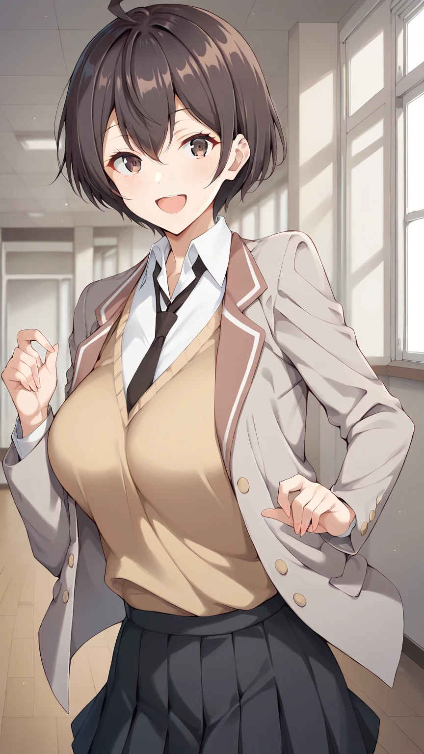 score_9, score_8_up, score_7_up, girl, solo, looking at viewer, masachika kuze, short hair, brown hair, hair between eyes, brown eyes, large breasts, school uniform, grey jacket, long sleeves, open jacket, buttons, white shirt, collared shirt, black necktie, yellow sweater vest, black skirt, standing, smile, open mouth