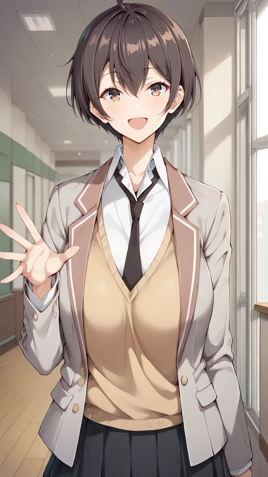 score_9, score_8_up, score_7_up, girl, solo, looking at viewer, masachika kuze, short hair, brown hair, hair between eyes, brown eyes, large breasts, school uniform, grey jacket, long sleeves, open jacket, buttons, white shirt, collared shirt, black necktie, yellow sweater vest, black skirt, standing, smile, open mouth