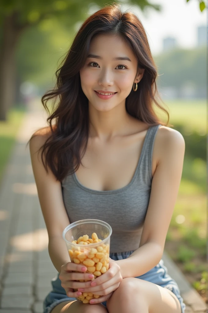close-up of beautiful korean female, 34 inch breasts size, wearing gray tank top, shorts, sitting crosses legs on a bench, holding snack bag, sunshine light, bokeh background, UHD