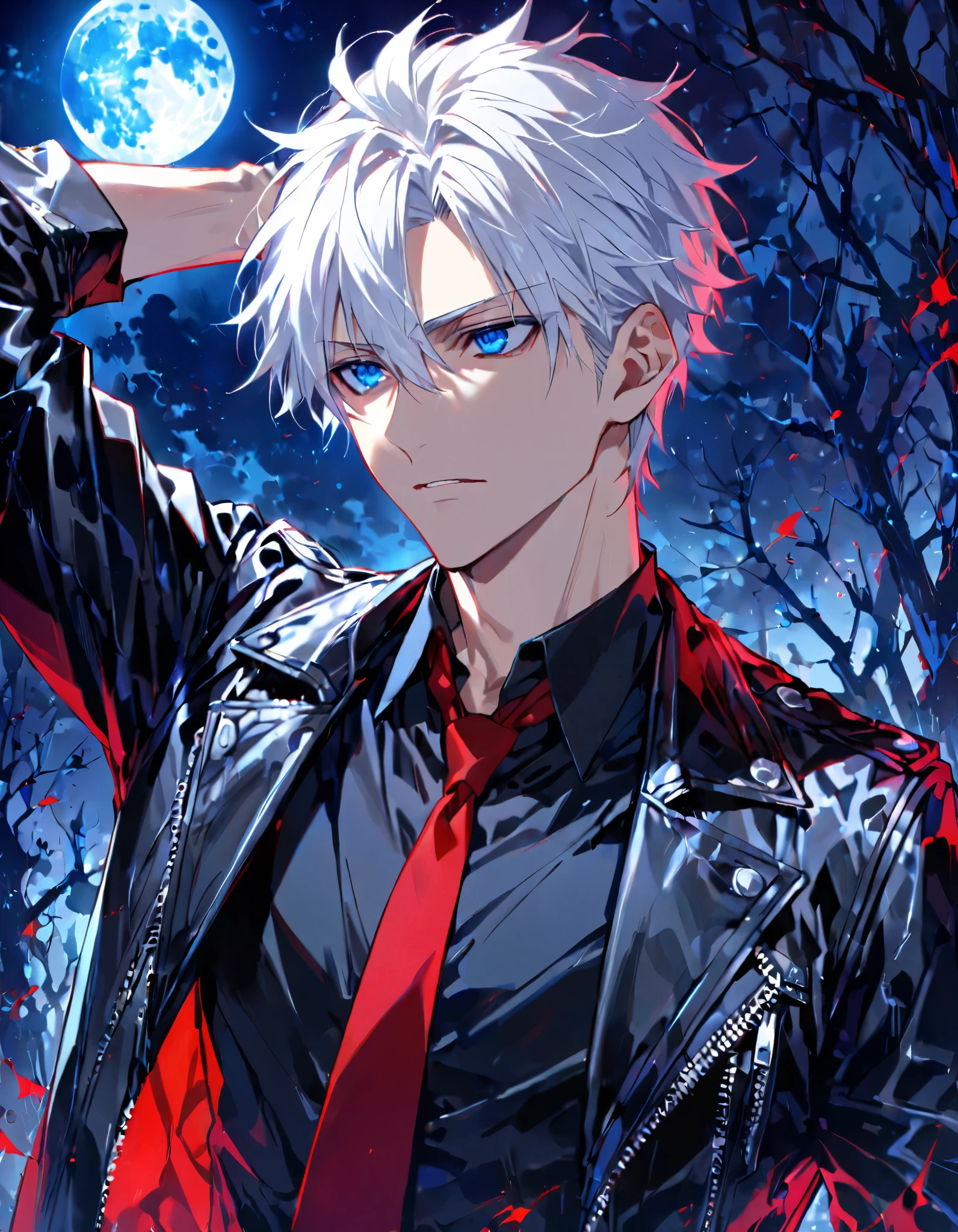 male in his early 30s, white hair, that fall loosely and in a disorderly manner down to shoulder height. His eyes are an intense blue tone. The visible eye is large and expressive. He wears black leather jacket with red lining, black shirt, red tie, black vest. Full moon behind head.