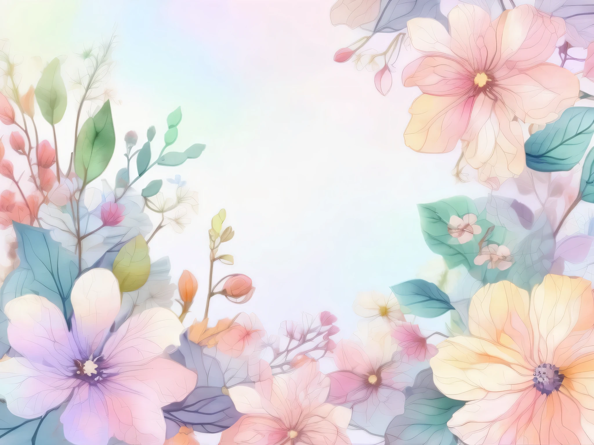 Light watercolor flower pattern 。 with gentle pastel colors at the center 、 transparent light tones spread 。 background has a soft gradient。a lot of small flowers、 bleeding outlines 。 with a soft and delicate atmosphere throughout 、 gentle and dreamy art style。