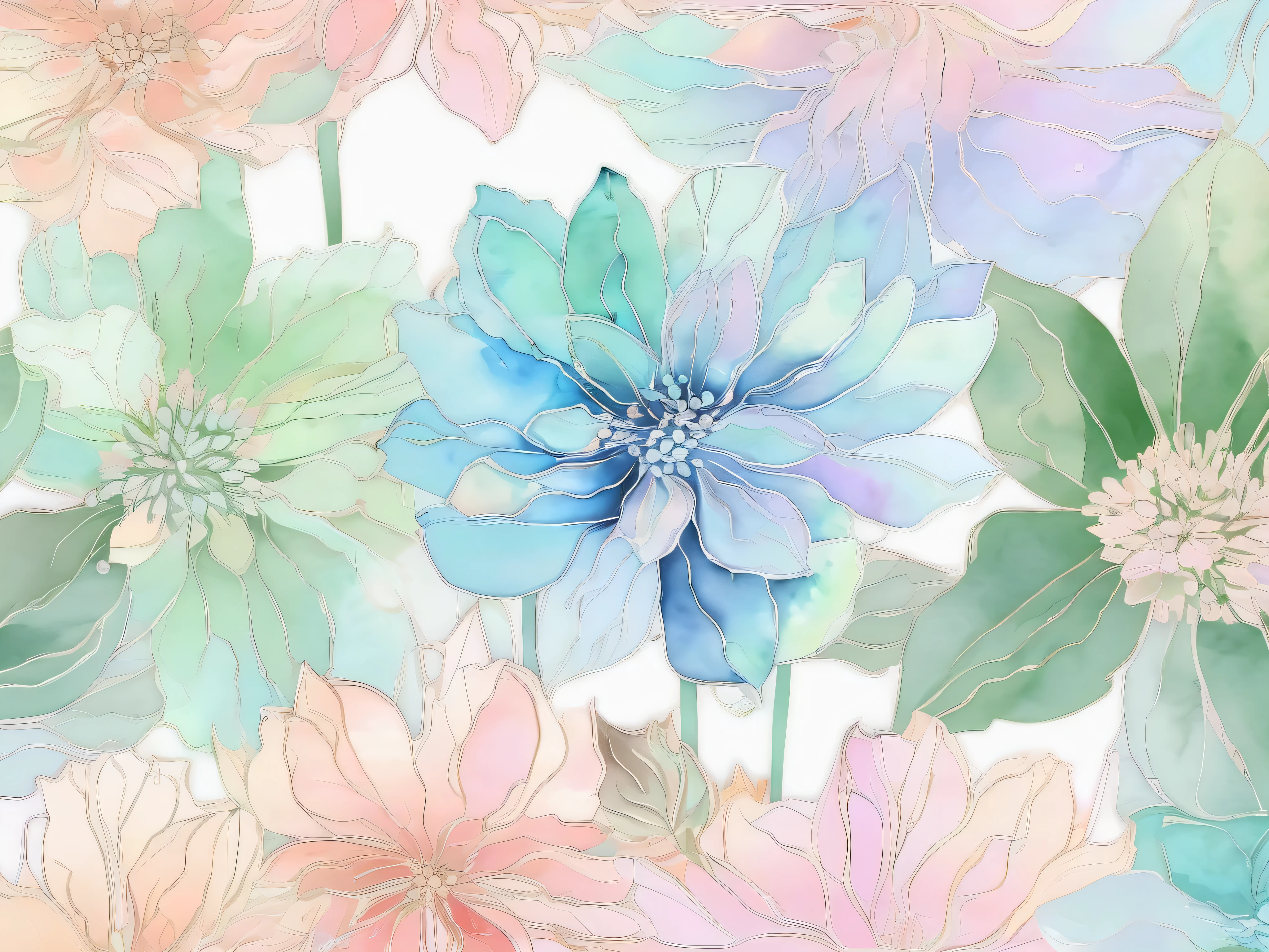 pale watercolor flower pattern 。 with gentle pastel colors at the center 、 transparent light tones spread 。The background has a soft gradation 、green、Light blue harmonizes 。It comes in a variety of sizes、 bleeding outlines 。 with a soft and delicate atmosphere throughout 、 gentle and dreamy art style。