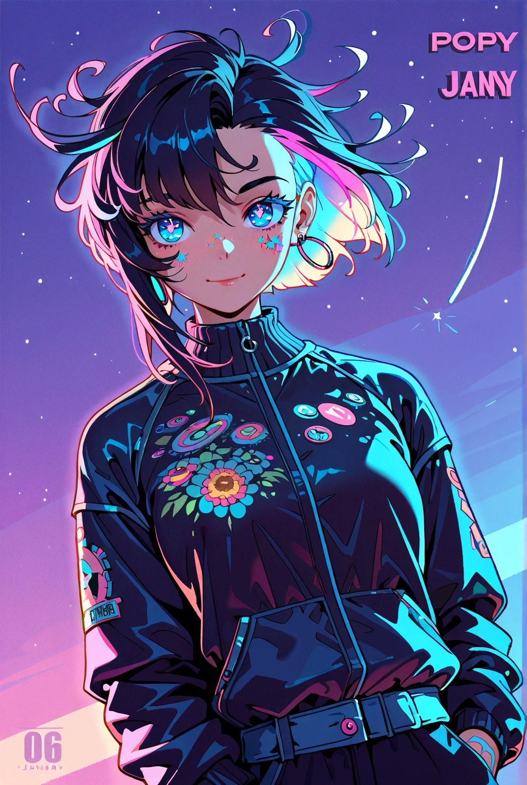 masterpiece:1.5, intricate details:1.3, best quality, ultra-detailed:1.3, 8k, cute, (Ramona_flowers), blue hair, hair collected, (leather jacket) (white wedding dress, black jacket)+, relax, serious, (cigarette)+, with her elbows leaning on a railing, big eyes, (black headband with a star)+, art by Scott Campbell, art by artgerm, arms, hips, vibrant colors