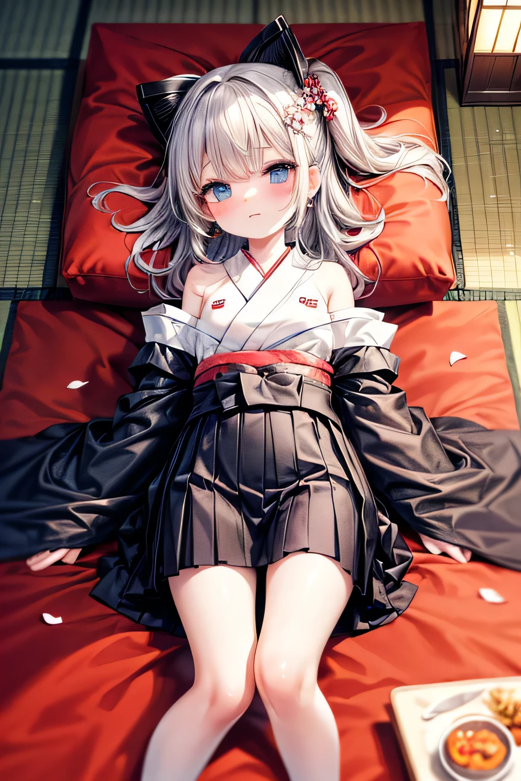 ((top quality)),((masterpiece)),((perfect face)),(ultra-detailed), ultra high res, 8k, UHD, ((front view)), ((dynamic angles, cinematic, high contrast)), ((Petite girl in a kotatsu in a Japanese style room, kotatsu, under kotatsu, lying)), ((petite girl, blue eyes, drooping eyes, hair ornament, japanese clothes, kimono, white kimono, hakama, hakama skirt, kanzashi, wide sleeves, no sleeves, off shoulder)), ((white hair, long hair)), ((white skin)), ((kotatsu, under kotatsu, lying, Japanese style room, patches of sunlight, particles of light, divine light)), 1girl, solo, petite, petite girl, Kawaii Tech, Pastel Colors, Cute, Cute Colors, Very Beautiful, Cute, Adorable, Alone, Blue Eyes,petals, shenhefd, earrings, ai-generated, masterpiece, best quality, very aesthetic, no human, intricate colors, vibrant colors,