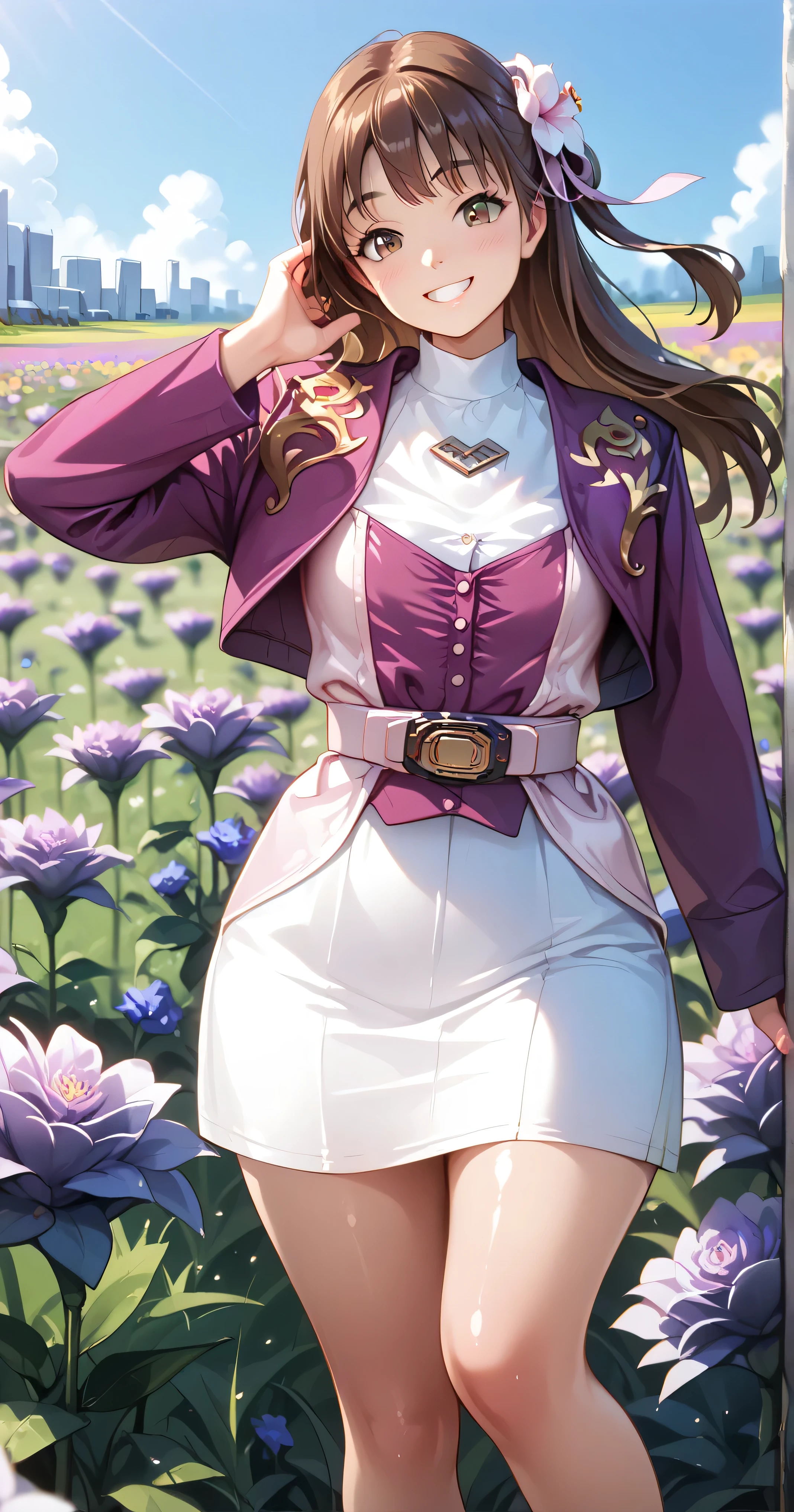 ( High-definition CG), ( top quality ),(( Composition showing the part above the knee )),((Flower Field)),((1girl)), perfect face, shiny skin , wide hips , thin waist, purple bolero jacket , white skirt, Long Sleeve , Pink belt,((brown hair color )), long straight hair ,((Composition showing the part above the knee where the eyebrows are bent in the shape of a C )),(( eyes half open)),(('s face is slightly open)),((smile)), standing picture