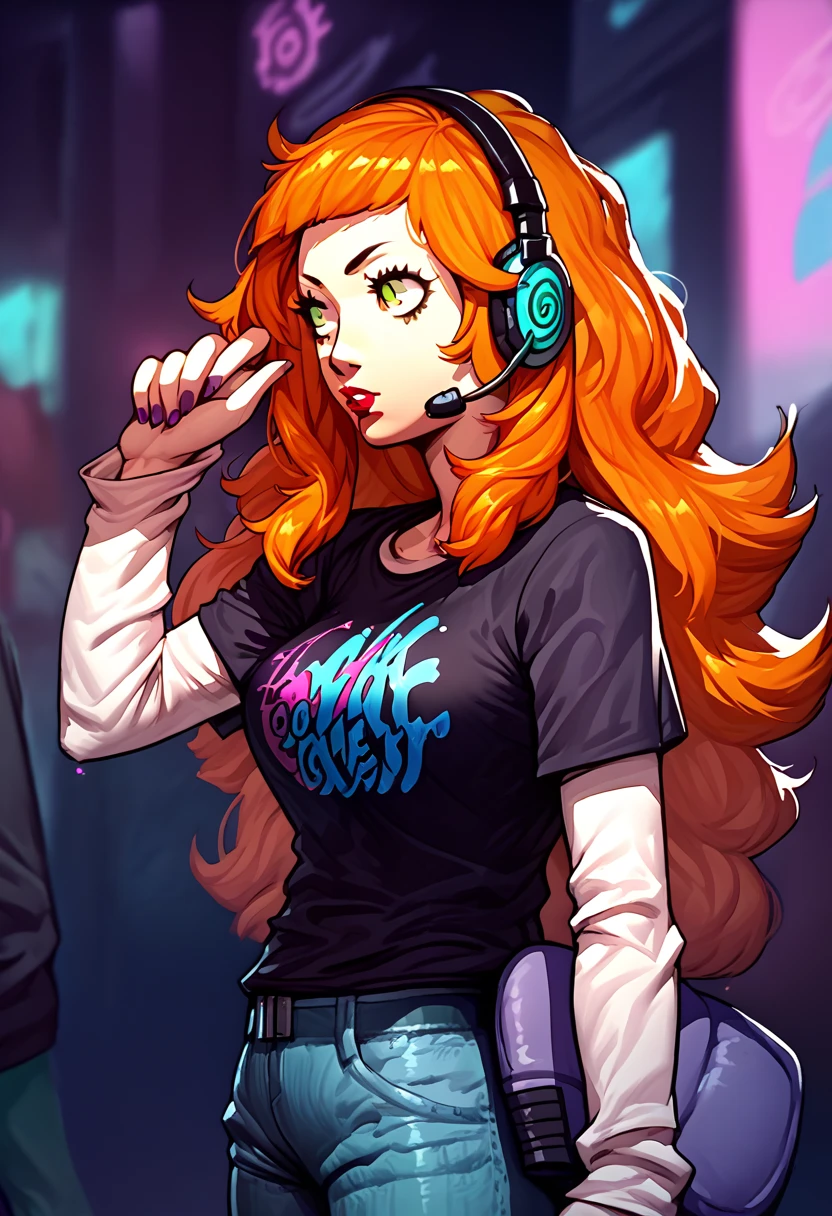 1 girl, headset, lipstick, black t-shirt, clothes writing, layered sleeves, large breasts, jeans, Vivian james, orange hair, green eyes