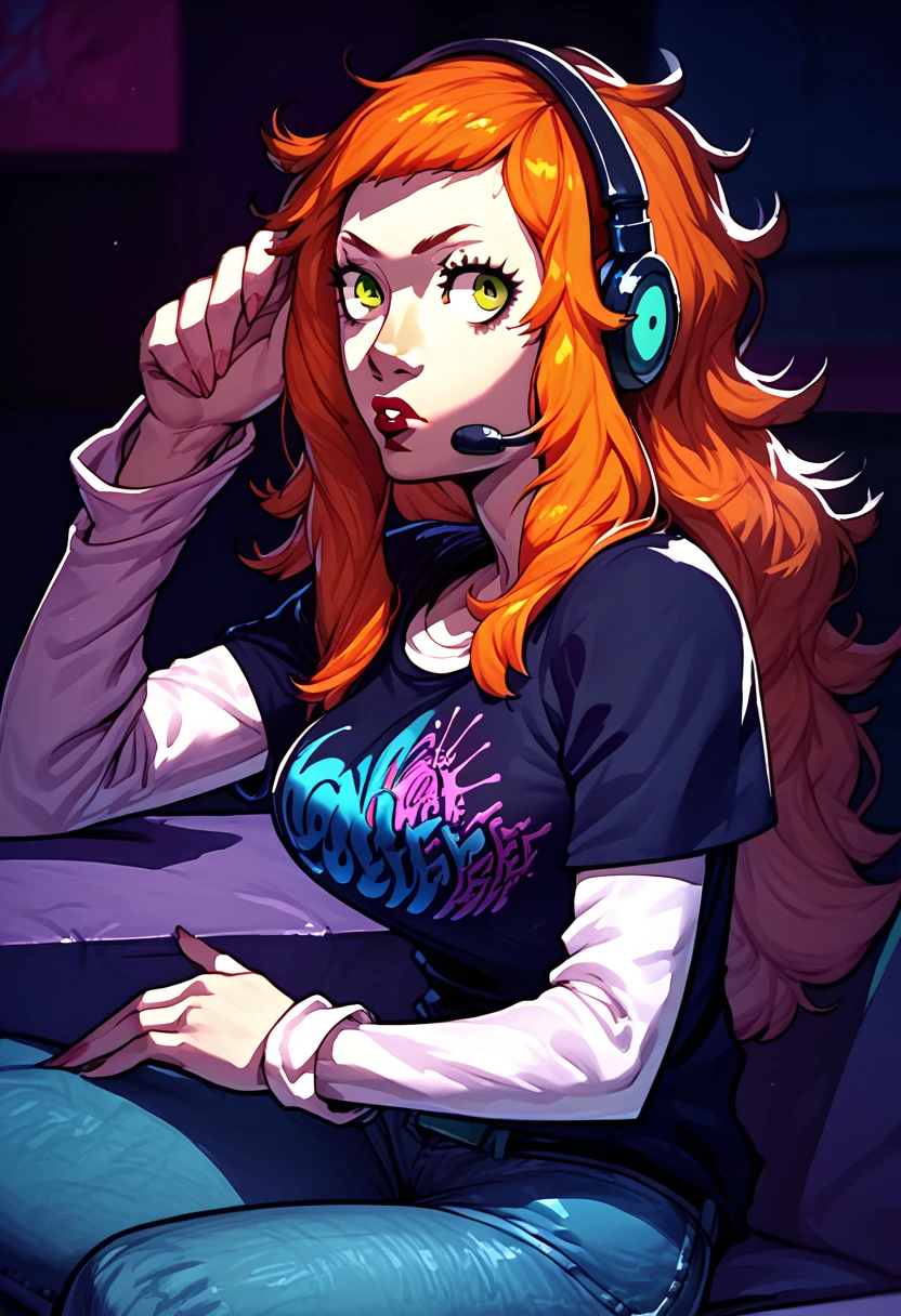 1 girl, headset, lipstick, black t-shirt, clothes writing, layered sleeves, large breasts, jeans, Vivian james, orange hair, green eyes