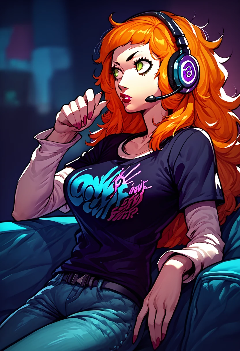 1 girl, headset, lipstick, black t-shirt, clothes writing, layered sleeves, large breasts, jeans, Vivian james, orange hair, green eyes