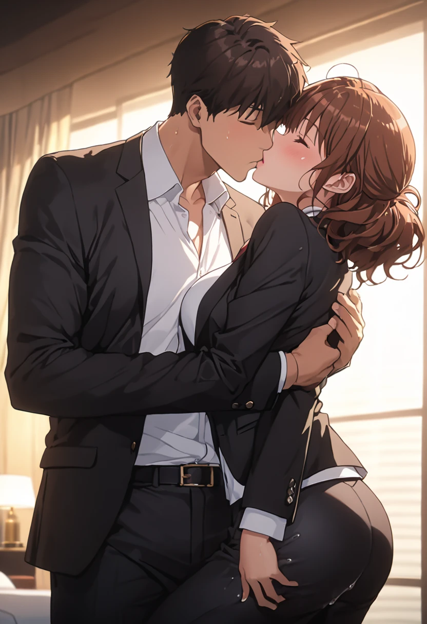 masterpiece, Best Quality, High resolution,16k,official art,super detailed skin,detailed,animated painting, (Kumiko Oumae:1.3),1990s \(style\),(black office jacket,white shirt,black pants:1.3)、(E-cup beautiful breasts)、clevage, (tall:1.2),height: 170cm,Fashion model body type、Sweating all over the body、vapor、Muscular、(sexy),nsfw,Sweaty、Configuration from the front、happy,Anime-style painting style,brown Hair,medium wavy Hair、Close up on full body,Cinematic lighting,Superfine,in the hotel,winter,(sexy),nsfw,(faceless 1  boy:1.5),(A girl is hugged from behind by a man and her pussy is grabbed,Getting a fingering from the boy behind girl,kiss:1.3),screaming,,pigeon-toed,pussy,pussy juice,vaginal,Trembling,actionlines,(shiness:1.3),(ahegao:1.1),(Vulgar:1.1),(So stupid:1.1),(orgasm:1.2),(wet:1.1)