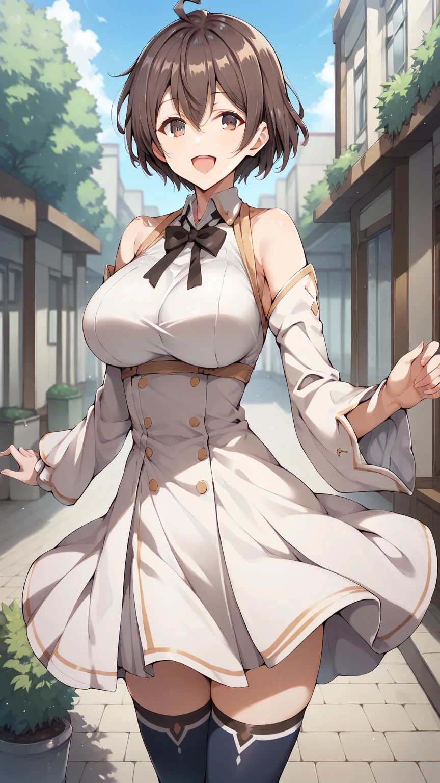 score_9, score_8_up, score_7_up, girl, solo, looking at viewer, masachika kuze, short hair, brown hair, hair between eyes, brown eyes, large breasts, white dress, detached sleeves, blue thighhighs, standing, outdoors, smile, open mouth