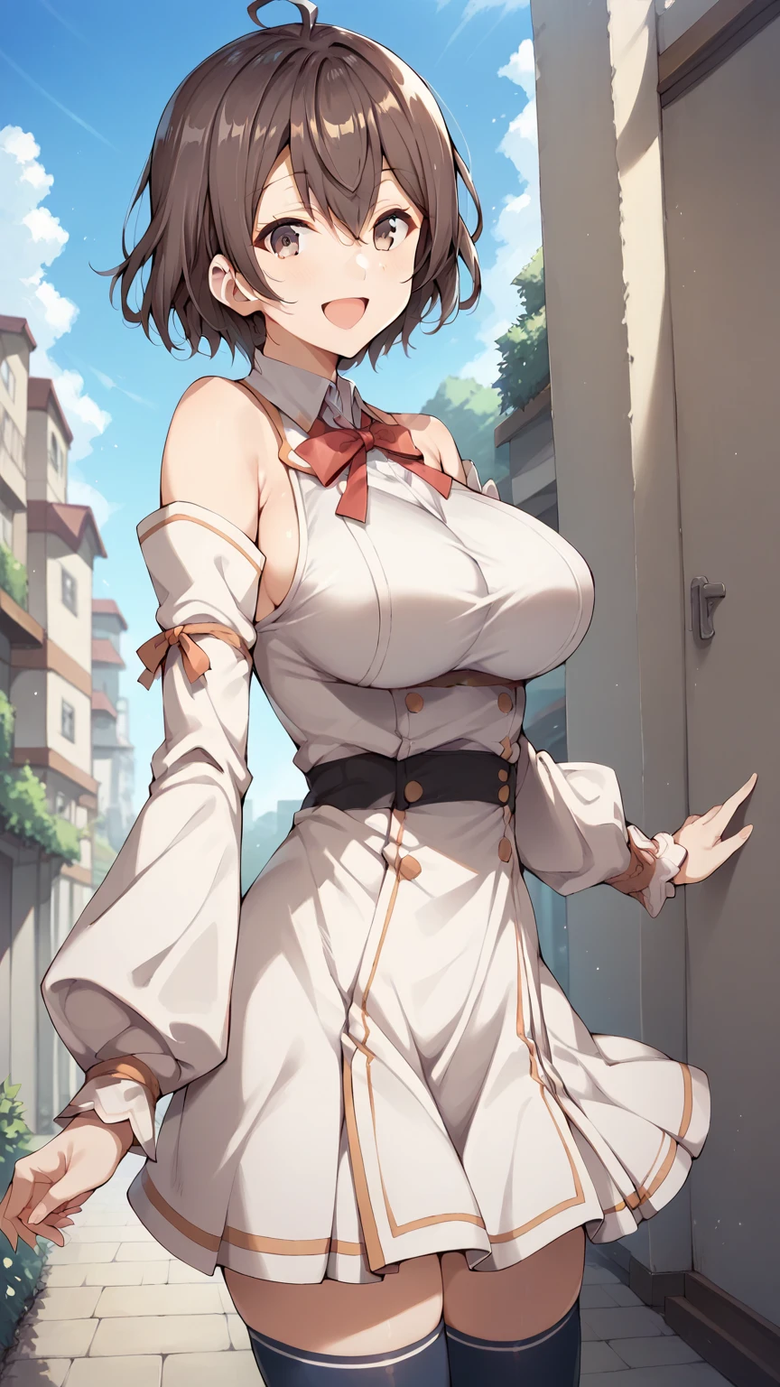 score_9, score_8_up, score_7_up, girl, solo, looking at viewer, masachika kuze, short hair, brown hair, hair between eyes, brown eyes, large breasts, white dress, detached sleeves, blue thighhighs, standing, outdoors, smile, open mouth