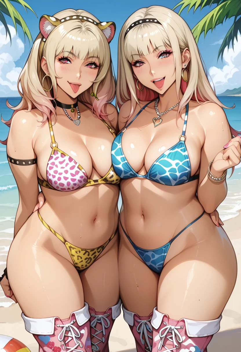 score_9, score_8_up, score_7_up , score_6_up, source_anime,Two GAL-style female characters on a beach setting. The characters are mother and daughter, each with an extremely exaggerated voluptuous figure: large breasts (150+ cm bust size), thick thighs, wide hips, and slim waists. Their skin is deeply tanned to a bronze tone, with a glossy, shiny effect that highlights their curves. Both have vibrant dyed hair: the mother has platinum blonde hair with rainbow highlights styled in voluminous waves, while the daughter has platinum blonde hair with pink highlights styled in a playful, carefree look.  The mother and daughter are posing playfully on the beach, exuding confidence and an aura of seduction. They are wearing ultra-revealing animal print bikinis (leopard and tiger patterns) that barely cover their bodies. The bikinis are adorned with heart-shaped attachments and gold chains. They have piercings on their nipples and navels, with heart-shaped jewelry, emphasizing their GAL aesthetic.  The mother is wearing pink thigh-high boots with matching gloves, while the daughter is wearing green thigh-high boots with gloves, complementing their respective bikinis. Both are accessorized with multiple bracelets, necklaces, and hoop earrings, and they have tattoos in Japanese kanji with explicit messages on their chests, arms, and thighs. Their nails are painted in bright neon colors, matching the rest of their vibrant look.  Their expressions are playful and flirtatious, with bright eyeshadow, thick false eyelashes, and glossy lipstick in hot pink and red tones. The mother is smiling with her tongue out, winking at the viewer, while the daughter is making a playful gesture with her hand near her face. The eyes are bright, with sparkling highlights, adding to the confident and provocative demeanor of the characters.  The beach is mostly empty, with soft white sand, blue waves in the background, and a clear sky. Palm trees can be seen in the distance, and the sun is shining b