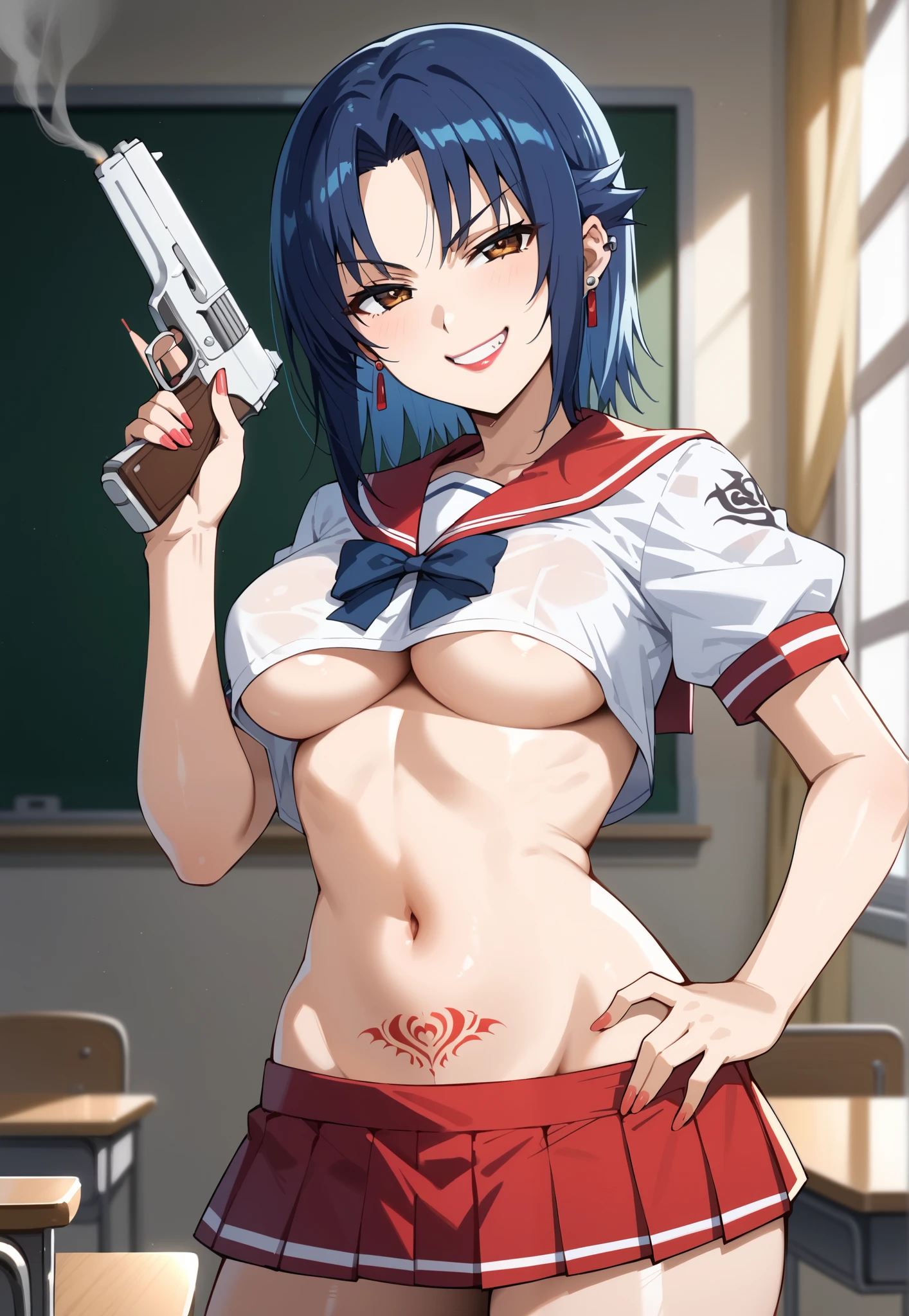 honoka, long hair, blush, lipstick, jewelry, earrings, Hot girl, baddie, staring, glaring, bad attitude, mean girl, dare, angry, hate, crazy, hot, smoking, sexy, sensual, slutty, attractive, tattoo, e girl , blush, lipstick, masterpiece, best quality, ((unbuttoned , cleavage, necklace, earrings, sexy body,
breasts)) , micro skirt, smiling, navel , exposed belly, exposed navel,(nsfw) not safe for work,school,knot,
classroom , holding a gun, hold a gun