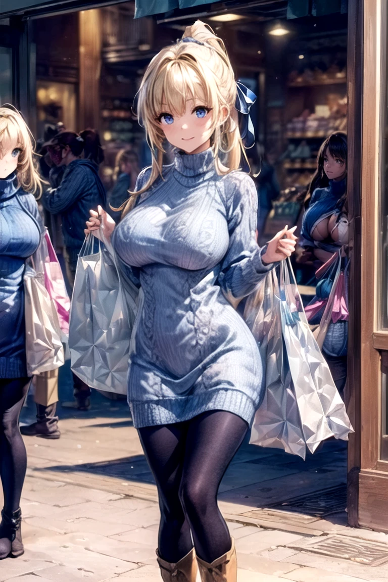 masterpiece, top quality  ,Ultra HD Explained,Full HD,16k, Super Resolution , Exact Human Body, correct human anatomy ,A fascinating scene, charming smile like snow,((Daytime, street,Shopping Street,Inside the store,Shopping Bags)),((((( is standing:2.0,Shopping Bagsを持っている:1.8)), one woman:2.0, Watch Viewers ,((blonde alone, long hair_ Ponytail_ Blue Ribbon, blue eyes , beautiful white skin)),( open your eyes, close your mouth,A body that looks more mature than its age_ far beyond age :1.5, balanced body :1.6, long legs ), ((Abnormally large breasts,P cup, deep cleavage)),(((blue knit dress _ turtleneck ,Long tights, boots))),18 years old,German,Colours of the 90s, cowboy shot, active angle, anime celltones  :1.4,Bright screen, breasts during cleavage:1.8.