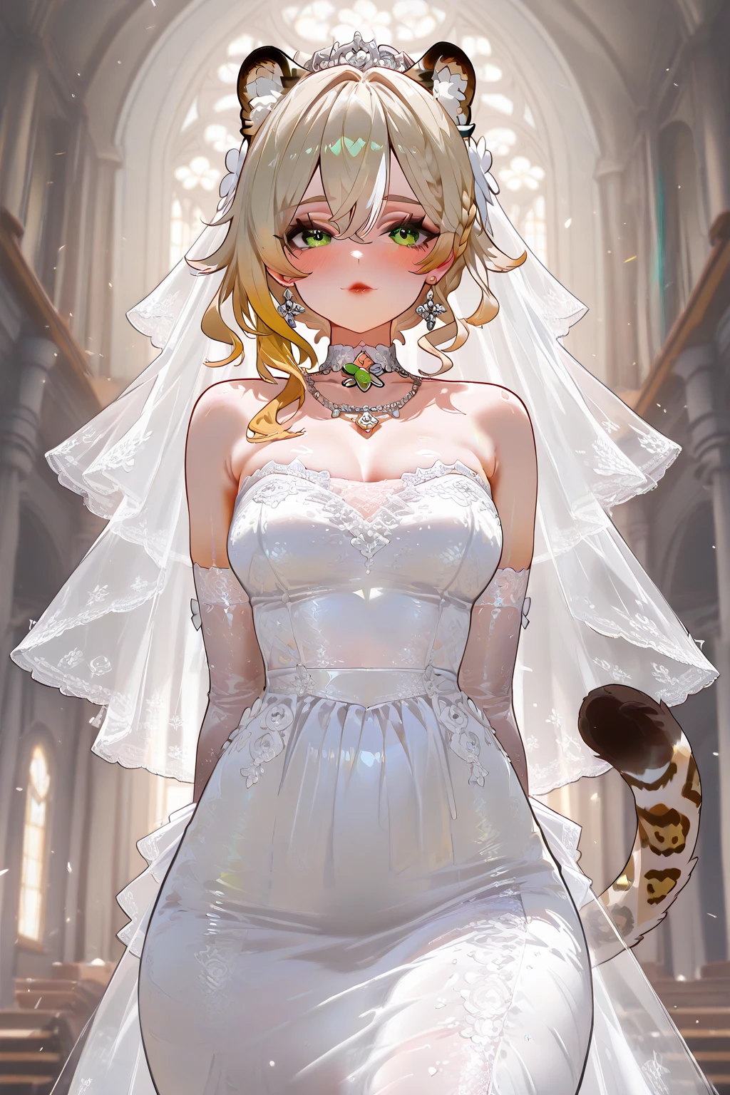 ultra-detailed, full-length, 1girl, solo, (beautiful face), detailed eyes, (Ideal body proportions), Xilonen\(genshin_impact\), medium breasts, multicolored hair, blonde hair, green eyes, braid, animal ears, tail, leopard tail, voloptuous, thick thighs, wide hips, alternate costume, close-up, beautiful bride, beautiful wedding dress, bridal veil, transparent short veil, Blushing face, head flower, headgear, tube top wedding dress, Silk dress, strapless wedding dress, pure white dress, necklace, earrings, deep V peach heart collar wedding dress, lipstick, lace gloves, long white dress, hands behind back, church, windows, rays of light, shining, gleaming, shiny, shiny skin, shiny outfit, masterpiece, ((Anatomically correct))