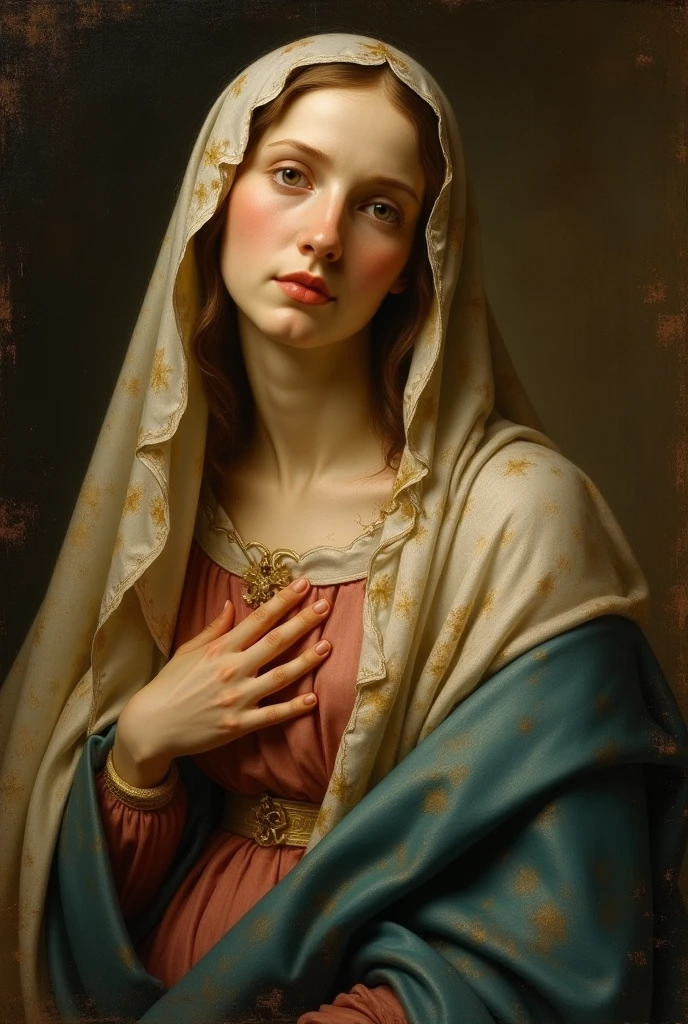 Beautiful Virgin Mary gazing gently with her eyes on the camera, She is wearing a reddish beige tunic with a light blue cloak and veil.