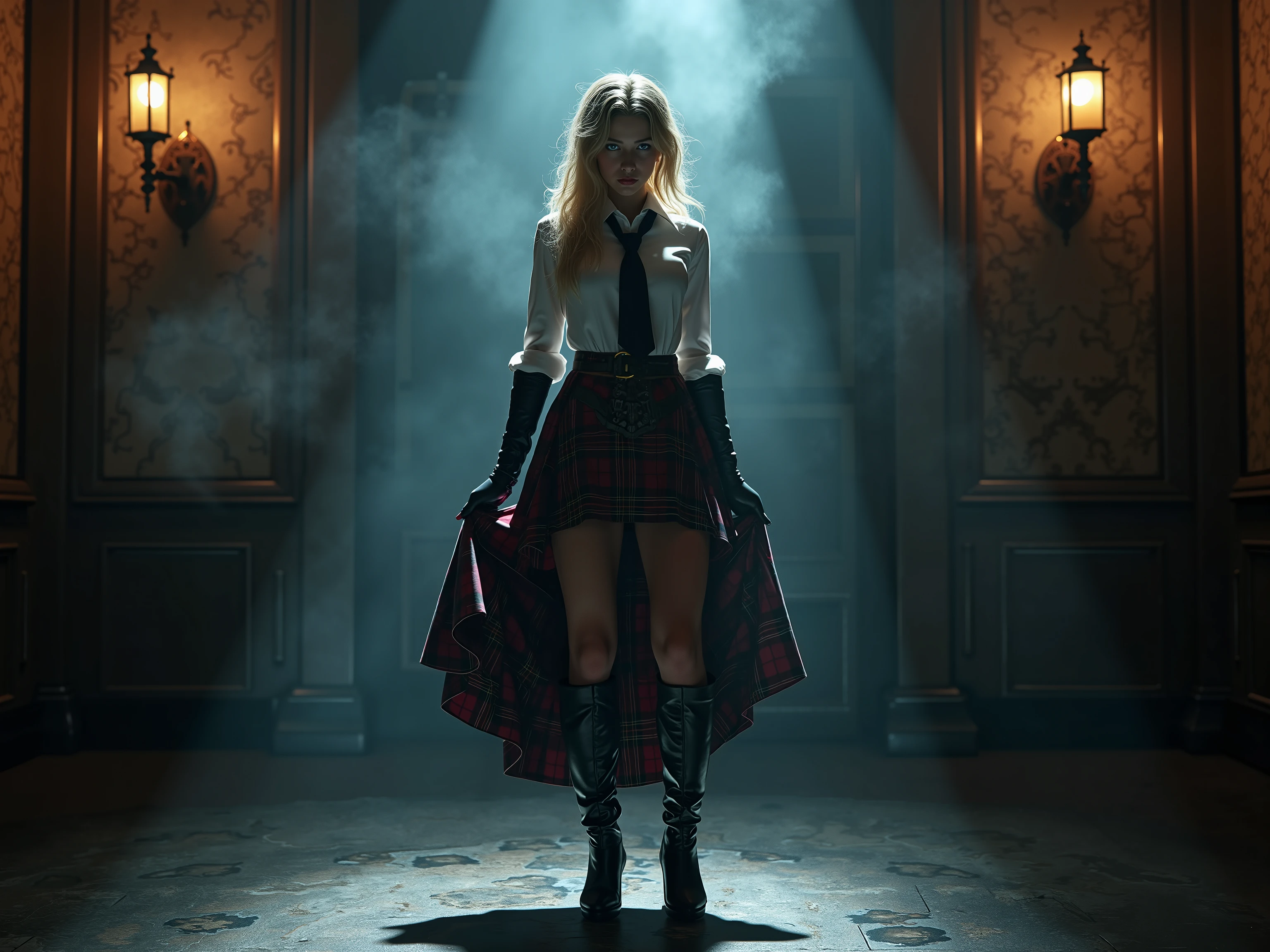 quality: (((masterpiece, cinematic composition, high quality 16K, 32K))), (8k, ultra-hyperrealistic :1.3), ( photorealism :1.2), (steampunk aesthetic). Scene:beautifull blonde schoolgirl, in her uniform with shirt tie and tartan middle long minikilt tucked in the shirt. She has long latex gloves and long leather heel boots. Shes touching her skirt. lighting: Gas lamps and the glowing scepter cast a dramatic light on her silhouette, while the rest of the room remains shrouded in shadow and steam. Stil: Seductive and majestic, a perfect mix of steampunk and mystical alien aesthetic. a white light Spot from the ground in the front to the face and illuminates her nipples