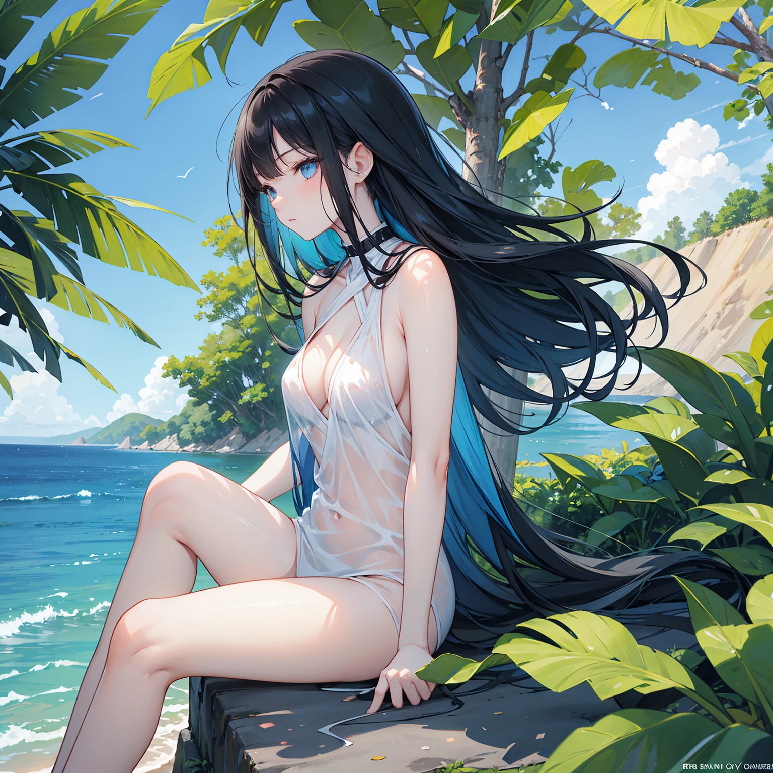 Highest quality、Highest quality、Masterpiece、girl((20-year-old、as soon as、Highest Bust、Medium Bust、Wide open chest、Red glowing eyes、Light Blue Hair、Disheveled Hair、Loincloth、thin、The best valley、Open chest、Full body view、NSFW((Upper body naked、Lower body naked))、White sheer see-through、Lying down、Completely naked、Smile))、high quality、Beautiful Art、background((Ocean、Wave、beach、Palm tree))、flight、Flying Debris、Depth of text、movie、Visual Arts、Perfect Art、8K、Genuine、Special Angles