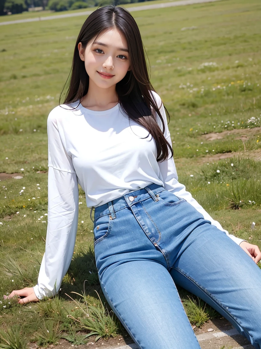 A middle school girl with a slightly fat stomach wearing tight jeans、Looks embarrassed