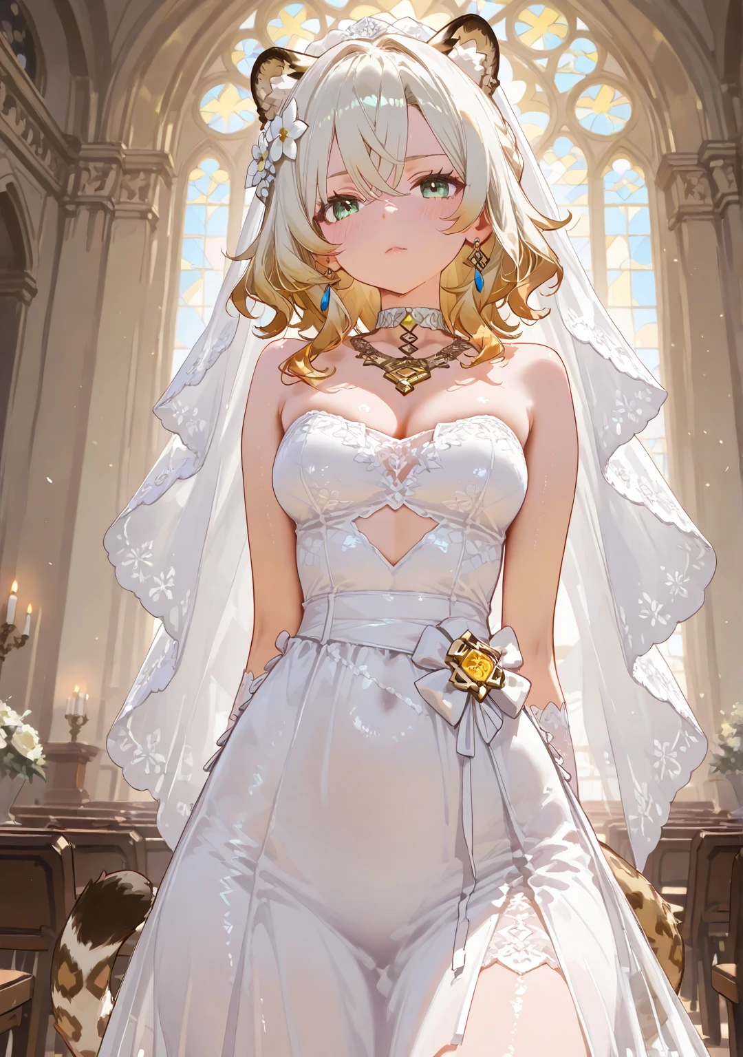 1 girl, solo, Xilonen\(genshin_impact\), medium breasts, multicolored hair, blonde hair, green eyes, braid, animal ears, tail, leopard tail, voloptuous, thick thighs, wide hips, alternate costume, close-up, beautiful bride, beautiful wedding dress, bridal veil, transparent short veil, Blushing face, head flower, headgear, tube top wedding dress, Silk dress, strapless wedding dress, pure white dress, necklace, earrings, deep V peach heart collar wedding dress, lipstick, lace gloves, long white dress, hands behind back, church, windows, rays of light, shining, gleaming, shiny, shiny skin, shiny outfit. BREAK .quality\(8k,wallpaper of extremely detailed CG unit, high resolution, top-quality, top-quality real texture skin, hyper realistic, increase the resolution, RAW photos, best quality, highly detailed, the wallpaper, golden ratio, high saturation realism, vibrant colors, dramatic lighting, persuasive storytelling, atmospheric scenery, captivating visuals, intricate details, strong emotions, dreamlike world\),(dynamic angle:1.4)