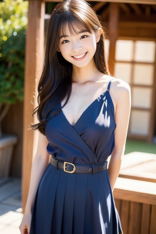 1 woman, Dreaming Background, (Highly detailed body, very detailed face, top quality:1. year old woman), looking at viewer, A smile with visible teeth, I can't see her hands, (long layered hair:1.2), (Her thighs are very beautiful:1.3), (8 thousand:1.5), (Lovely men&#39;s Y shirt:1.3), (skin glow:1.3), (big breasts:1.3), The Most Beautiful Women in Korea, beautiful bridge, panties, solo focus