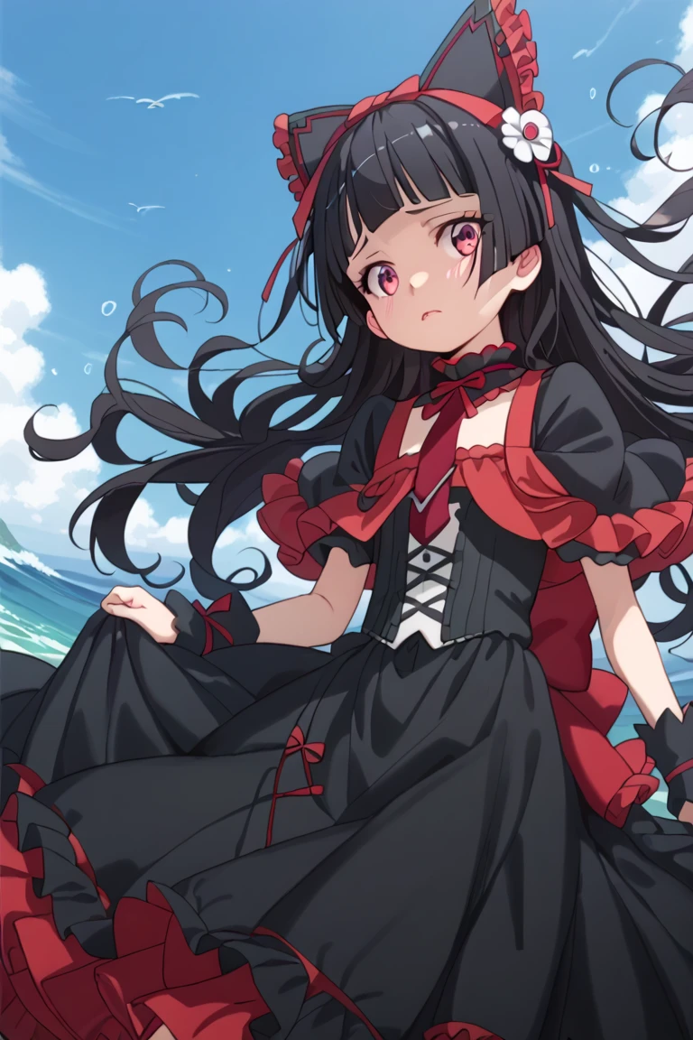 score_9, score_8_up, score_7_up, source_anime,
kurumitokisaki, kurumi tokisaki, black hair, red eyes, bikini, twintails , low twintails,
bangs, hair ornament, Black bikini, flower, short sleeves, frills, hair flower, Black bikini, rose, eyepatch, red flower, red rose, medical briefs, frilled dress, puffy sleeves,
sand beach, seaside, bent over, blush, be shy , sitting on the beach
looking at viewer, solo, cowboy shot, dutch angle,