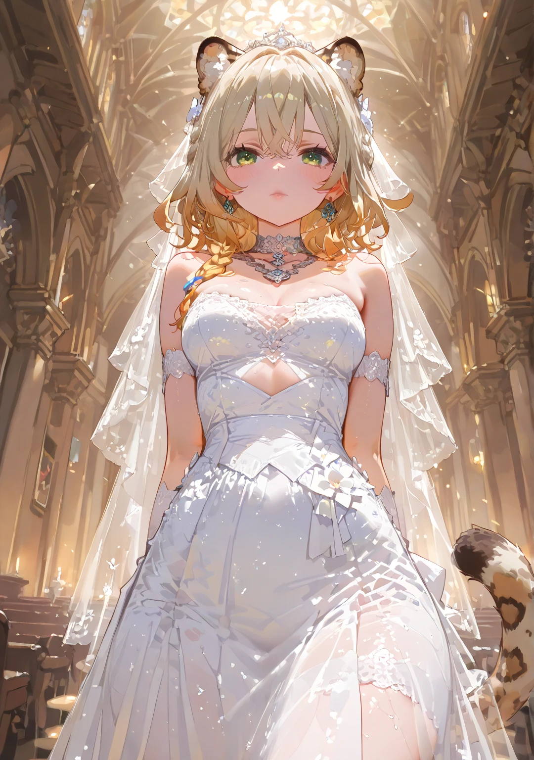 1 girl, solo, Xilonen\(genshin_impact\), medium breasts, multicolored hair, blonde hair, green eyes, braid, animal ears, tail, leopard tail, voloptuous, thick thighs, wide hips, alternate costume, close-up, beautiful bride, beautiful wedding dress, bridal veil, transparent short veil, Blushing face, head flower, headgear, tube top wedding dress, Silk dress, strapless wedding dress, pure white dress, necklace, earrings, deep V peach heart collar wedding dress, lipstick, lace gloves, long white dress, hands behind back, church, windows, rays of light, shining, gleaming, shiny, shiny skin, shiny outfit. BREAK .quality\(8k,wallpaper of extremely detailed CG unit, high resolution, top-quality, top-quality real texture skin, hyper realistic, increase the resolution, RAW photos, best quality, highly detailed, the wallpaper, golden ratio, high saturation realism, vibrant colors, dramatic lighting, persuasive storytelling, atmospheric scenery, captivating visuals, intricate details, strong emotions, dreamlike world\),(dynamic angle:1.4)