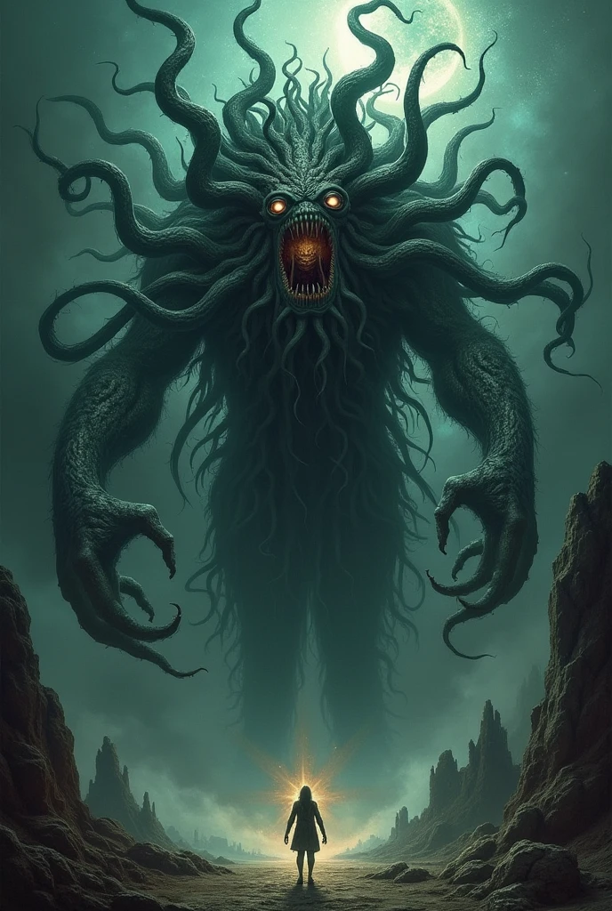 huge medusa in the forest, hollow world, shadows of brimstone, matte painting, highly detailed, natural lighting, dynamic angle, slow shutter speed, narrow angle lens, 35mm, medium shot