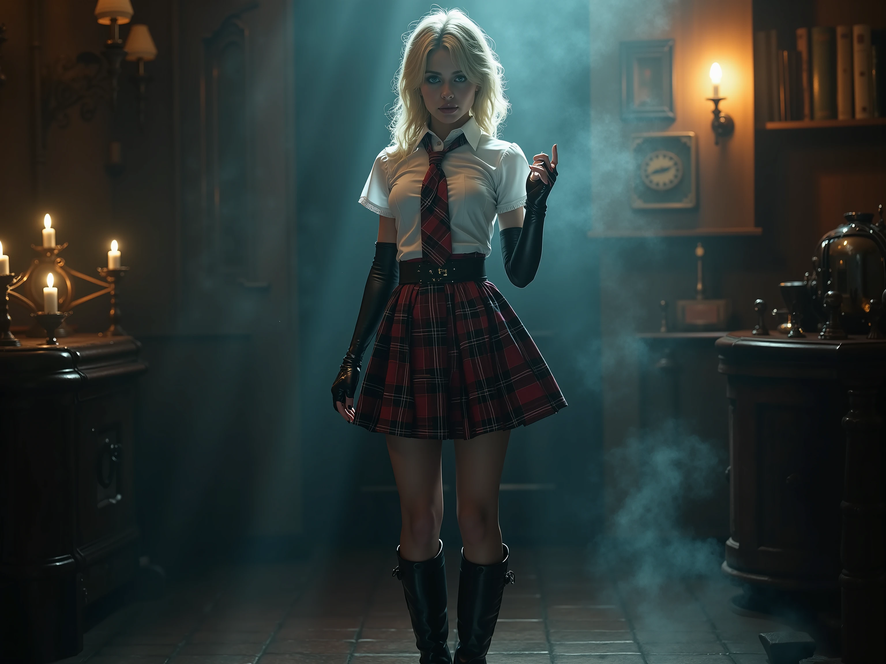 quality: (((masterpiece, cinematic composition, high quality 16K, 32K))), (8k, ultra-hyperrealistic :1.3), ( photorealism :1.2), (steampunk aesthetic). Scene:beautifull blonde schoolgirl, in her uniform with shirt tie and tartan middle long minikilt tucked in the shirt. She has long latex gloves and long leather heel boots. Shes touching her skirt. lighting: Gas lamps and the glowing scepter cast a dramatic light on her silhouette, while the rest of the room remains shrouded in shadow and steam. Stil: Seductive and majestic, a perfect mix of steampunk and mystical alien aesthetic. a white light Spot from the ground in the front to the face and illuminates her nipples