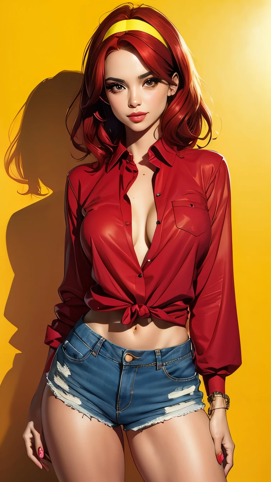 Sexy and alluring young girl, with a mischievous and sexy smile, (((red hair))), collared shirt, unbuttoned shirt, sleeves rolled up, denim shorts, large breast, hairband, (wide hips), sexy thighs, comic retro style, (masterpiece, best quality:1.2), simple background