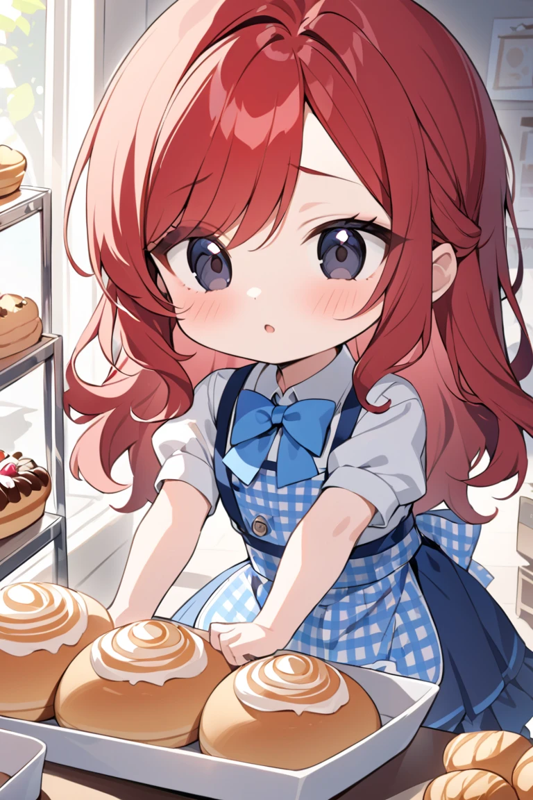   top quality , masterpiece,   Kylie Lightmash   , Alone,   ( one girl working at a bakery ) ,   dark eyes、(  white blouse with wing collar 　Blue bow tie）,( Blue and White Gingham Plaid　 high waisted apron without breastplate),(blue curly skirt), (Chibi: 0.6),    Bright Red Hair   ,    cute,  