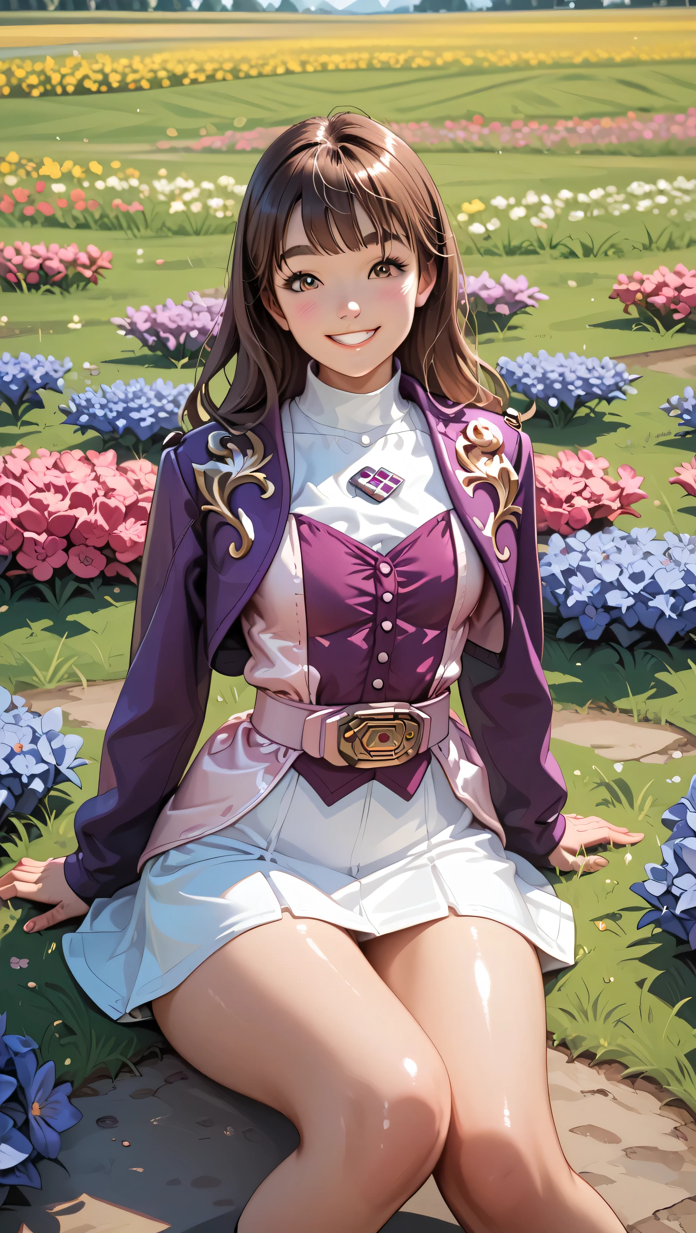 Cowboy Shot,beautiful and detailed illustration,pop art,masterpiece,best quality,ultra-detailed,soft lighting,<lora:add_detail:0.3>,1girl,purple eyes,long white dress,sleeveless,elbow gloves,purple scarf,belt,upper body,field,church exterior,outdoors,sky,smile,smug,looking at viewer,head tilt,<lora:GoodHands-vanilla:1>,