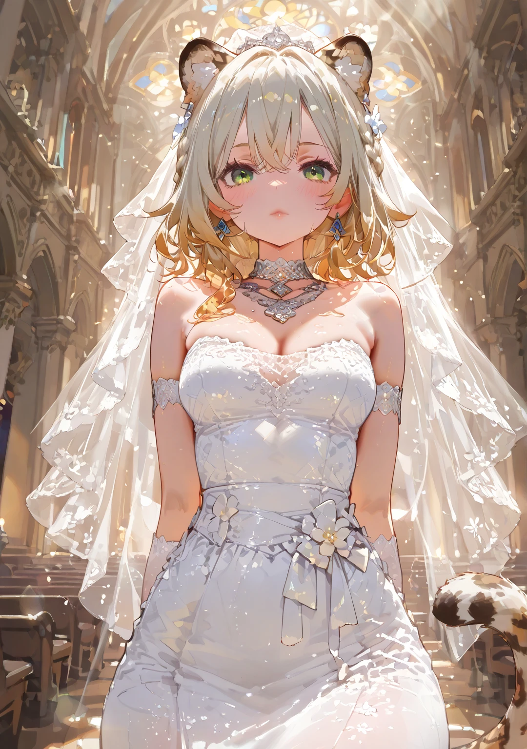 1 girl, solo, Xilonen\(genshin_impact\), medium breasts, multicolored hair, blonde hair, green eyes, braid, animal ears, tail, leopard tail, voloptuous, thick thighs, wide hips, alternate costume, close-up, beautiful bride, beautiful wedding dress, bridal veil, transparent short veil, Blushing face, head flower, headgear, tube top wedding dress, Silk dress, strapless wedding dress, pure white dress, necklace, earrings, deep V peach heart collar wedding dress, lipstick, lace gloves, long white dress, hands behind back, church, windows, rays of light, shining, gleaming, shiny, shiny skin, shiny outfit. BREAK .quality\(8k,wallpaper of extremely detailed CG unit, high resolution, top-quality, top-quality real texture skin, hyper realistic, increase the resolution, RAW photos, best quality, highly detailed, the wallpaper, golden ratio, high saturation realism, vibrant colors, dramatic lighting, persuasive storytelling, atmospheric scenery, captivating visuals, intricate details, strong emotions, dreamlike world\),(dynamic angle:1.4)