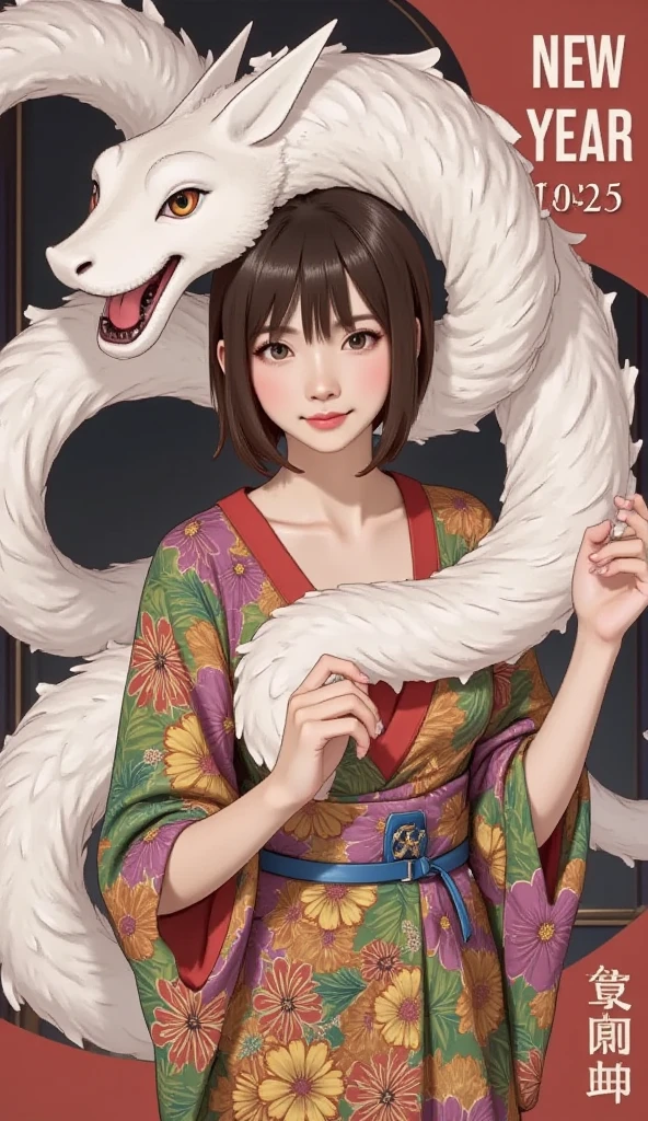 (Japanese anime style:1.4), 8k resolution, masterpiece, top quality, Award-winning works, new year post card, sole girl, (photo of a girl who is wearing Japanese traditional kimono printed on the card:1.4), (banner printed which says "Happy New Year" on the card:1.7), (image of big white snake printed on the card:1.6)