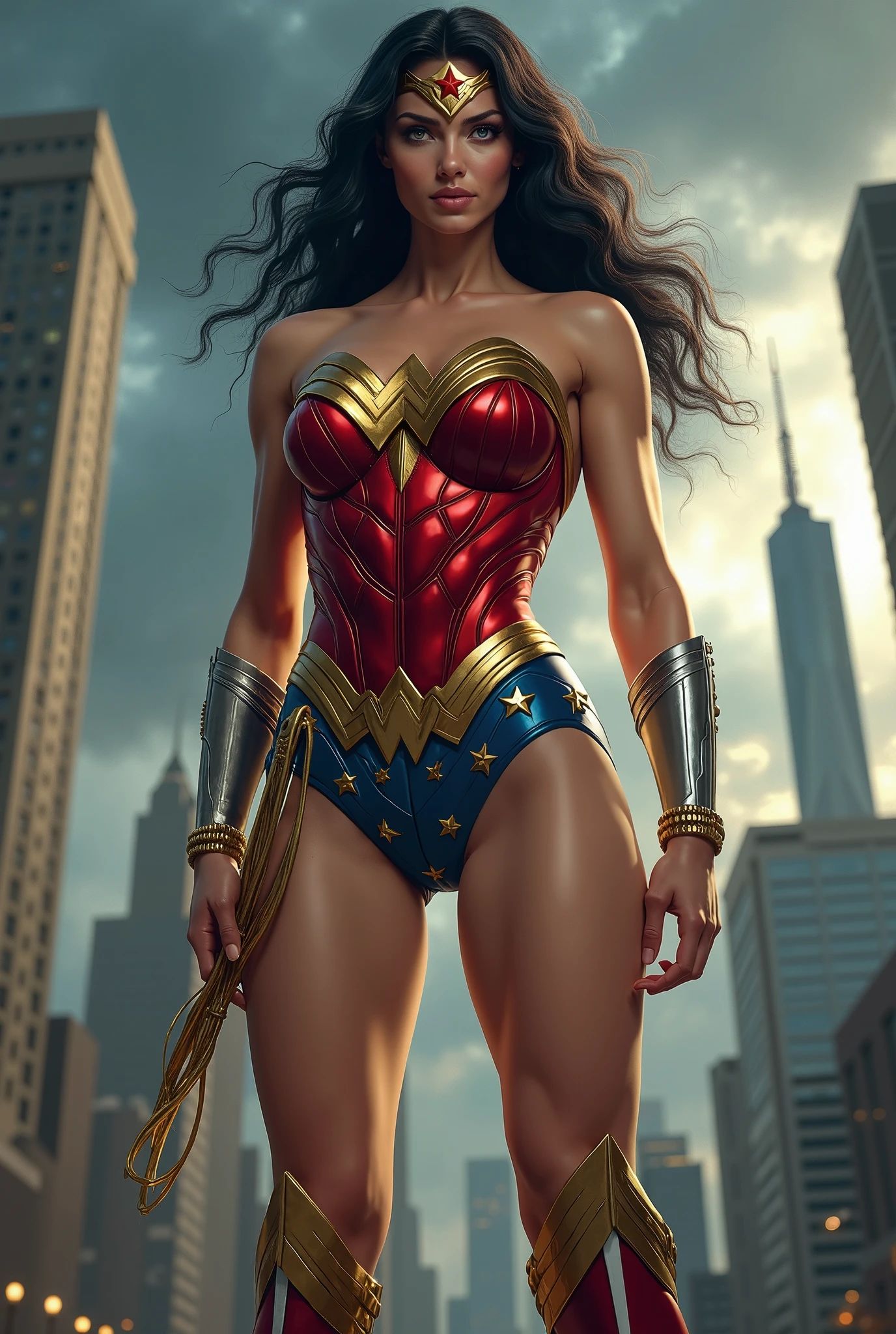 PhotoRealistic Art Style Best Qualit:1.3, Natural Beauty, Masterpiece, Full Body View Visible, Hailee Steinfeld, Perfectly Accurate Face Proportion,Realistic Light Hazel Brown Eyes, Thick Eyebrows, Brown hair, slim toned Thighs, tight ass, perky round breast , slim athletic body type, perfect body type, wonder woman, Poised for Action: In a slightly bent-knee stance, the tight suit accentuates Wonder Woman's buttocks and the curve of her lower back. Her readiness for action is highlighted by the form-fitting fabric clinging to her powerful frame.