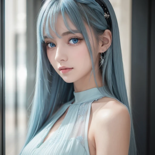 ((Masterpiece)), ( top quality), (  Details), ( One Girl ), (Internal Data Stream)  light blue gradation hair, Light blue sparkling eyes ,  straight hair,  wearing a modern white shirt and black dress,  covered in data particles , Locked around the neck