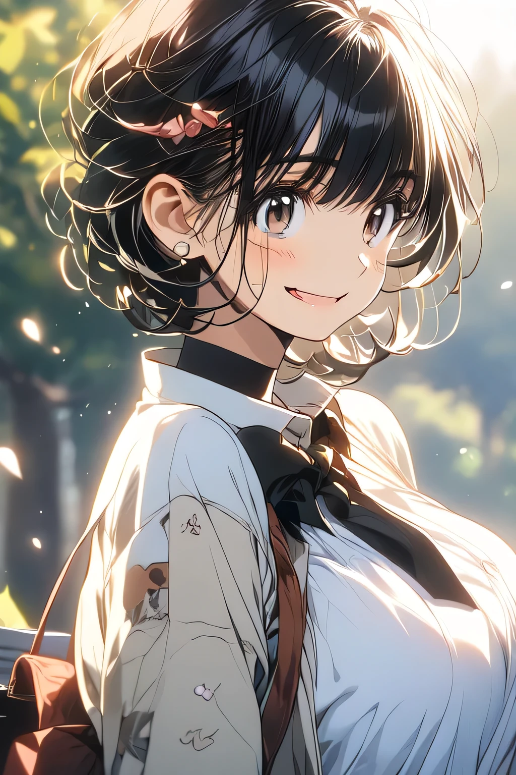 Solo Girl, 20 years old, medium hair with double swords, dark brown hair , brown eyes, huge chest:1.5,Princess Coordination、 top quality, high definition, very detailed, detailed background, perfect lighting、smile, ahegao, rolling eyes