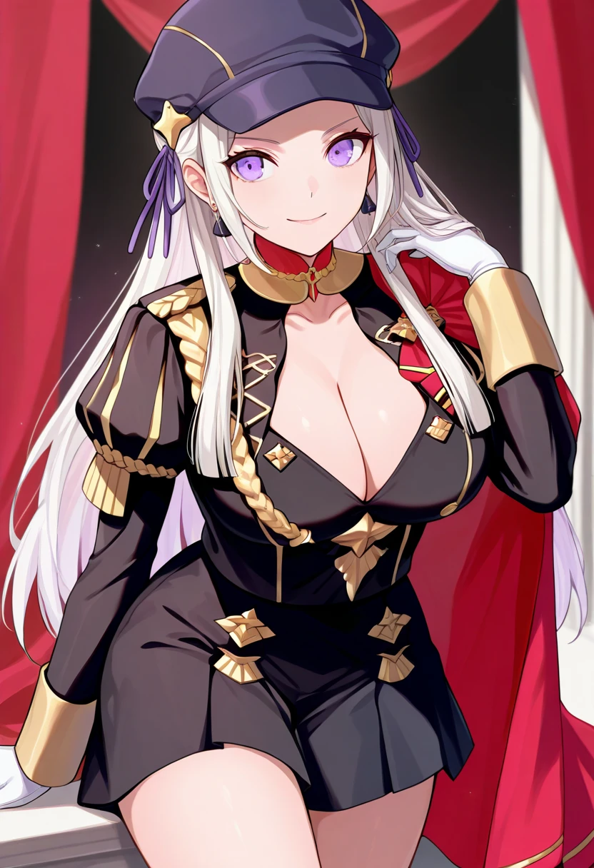 masterpiece, best quality, 1girl,  smile, big breasts,  black cabbie hat, black skirt, black uniform, white hair, dangle earrings, gold trim, purple eyes, jewelry, long hair, cleavage, collarbone, pleated skirt, edelgard