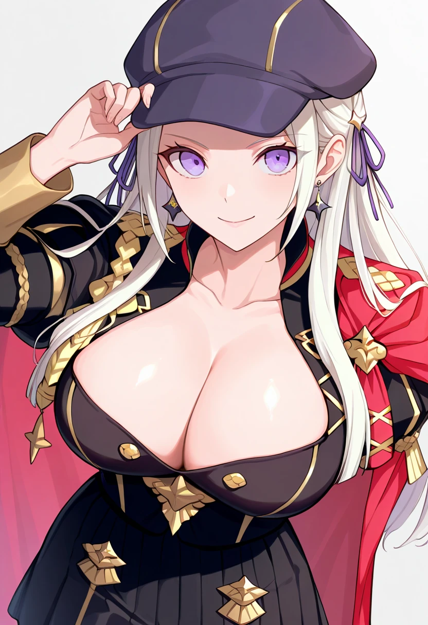 masterpiece, best quality, 1girl,  smile, big breasts,  black cabbie hat, black skirt, black uniform, white hair, dangle earrings, gold trim, purple eyes, jewelry, long hair, cleavage, collarbone, pleated skirt, edelgard